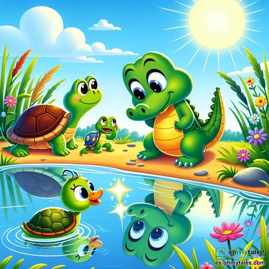 Un pequeño cocodrilo llamado Coco, con piel verde brillante y ojos redondos y curiosos, mira su reflejo en el agua con una expresión de sorpresa y asombro. A su lado, la tortuga Tina, con su caparazón marrón y sus pequeños ojos traviesos, se acerca sonriendo, mientras que el pato Paco, con plumas amarillas brillantes, nada alegremente, y la rana Rita, verde y saltarina, se encuentra sobre una piedra, lista para saltar. El escenario es una orilla soleada de un río brillante, rodeada de grandes hierbas verdes y flores coloridas, donde el sol brilla intensamente en un cielo azul claro. La situación principal muestra a Coco, maravillado, descubriendo que su cola brilla como una estrella, mientras sus amigos lo observan con curiosidad y alegría.