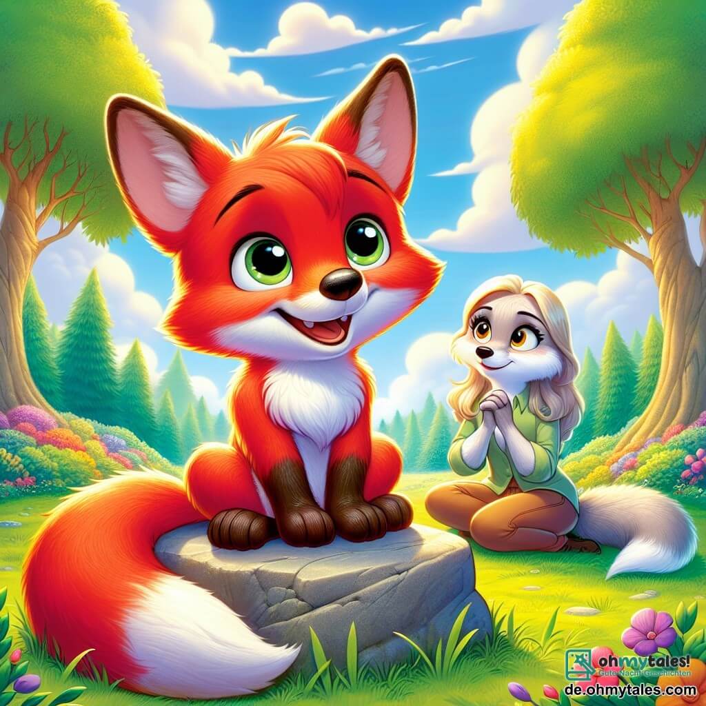 Ein kleiner Fuchs namens Felix, mit einem strahlend roten Fell und neugierigen, glänzenden Augen, steht im Mittelpunkt der Szene und zeigt einen Ausdruck, der sowohl fröhlich als auch leicht melancholisch ist. Er sitzt auf einem großen Stein, die Beine übereinander geschlagen, und schaut nachdenklich in den blauen Himmel, der mit flauschigen weißen Wolken bedeckt ist. 

Rechts von ihm sitzt seine Mama, eine sanfte Füchsin mit seidig-weichem Fell und liebevollen Augen, die ihm zärtlich zulächelt, während sie auf dem grünen Gras sitzt, die Pfoten auf ihren Knien. Links von ihm steht sein Papa, ein robuster Fuchs mit dunklerem Fell und einem beschützenden Blick, die Arme verschränkt und ein tröstliches Lächeln auf den Lippen. 

Der Ort ist eine sonnige Lichtung, umgeben von majestätischen Bäumen mit leuchtend grünen Blättern, und bunten Blumen, die im Wind tanzen. 

Die Hauptsituation zeigt Felix, der mit seinen Eltern spricht und einen Moment der Zuneigung und des Verständnisses teilt, während sie ihm ihre neue Lebensweise erklären und ihm zeigen, dass sie ihn immer noch lieben.
