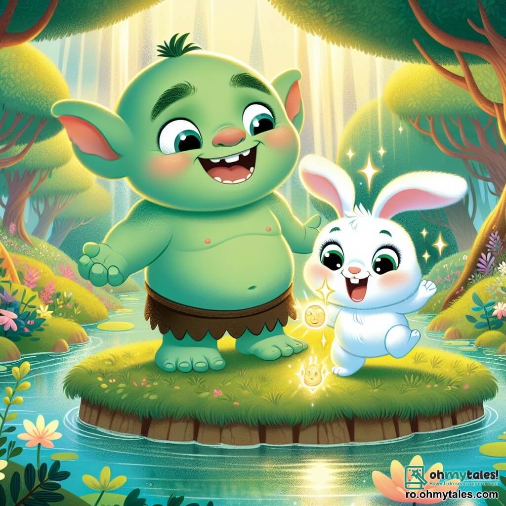 Un ogre numit Gigi, mic și drăguț, cu piele verde-mentă, urechi mari și ascuțite, și ochi strălucitori de bucurie, stă pe o mică insulă în mijlocul unui lac strălucitor. Zâmbește larg, cu brațele deschise, pregătit să-și primească prietenul. Lângă el, un iepure alb mic numit Lulu, cu urechi mari și blană moale, sare de bucurie, ținând în labele din față o morcov strălucitor. Lulu pare încântat și plin de energie, ochii îi strălucesc de entuziasm. Decorul este o pădure magică, cu copaci cu trunchiuri răsucite, flori colorate care par să danseze în vânt și un lac de un albastru strălucitor, unde soarele se reflectă, creând străluciri de lumină. Situația principală arată cum Gigi și Lulu sărbătoresc descoperirea morcovului magic, înconjurați de frumusețea naturii, în timp ce râd și împărtășesc un moment de prietenie veselă.