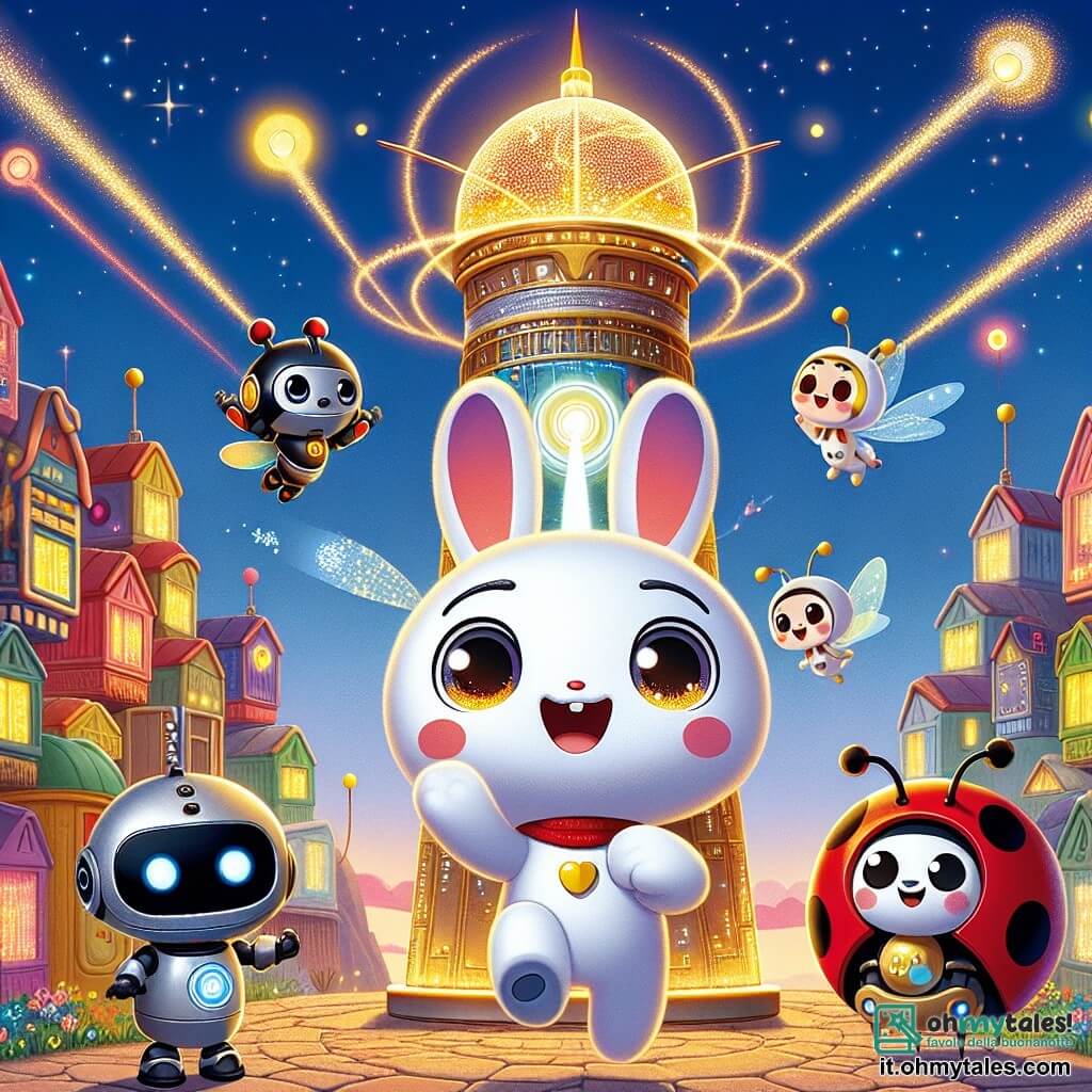 Un coniglietto di nome Bibo, con un pelo bianco e occhi brillanti di curiosità, salta gioiosamente davanti al Grande Faro, una torre futuristica scintillante, con un grande sorriso sul volto. Accanto a lui, Roby, un piccolo robot dalle forme arrotondate e con una luce blu sul petto, osserva con un'espressione di eccitazione, mentre Lilla, una coccinella rossa con puntini neri, vola intorno a loro, le ali che battono rapidamente, piena di entusiasmo. Il Grande Faro, alto e maestoso, è circondato da case di vetro colorato, e luci brillano nel cielo notturno, creando un'atmosfera magica. Al centro dell'immagine, Bibo preme un pulsante luminoso del Faro, scatenando un'esplosione di luce che illumina il cielo, simboleggiando il ripristino della luce nella città.