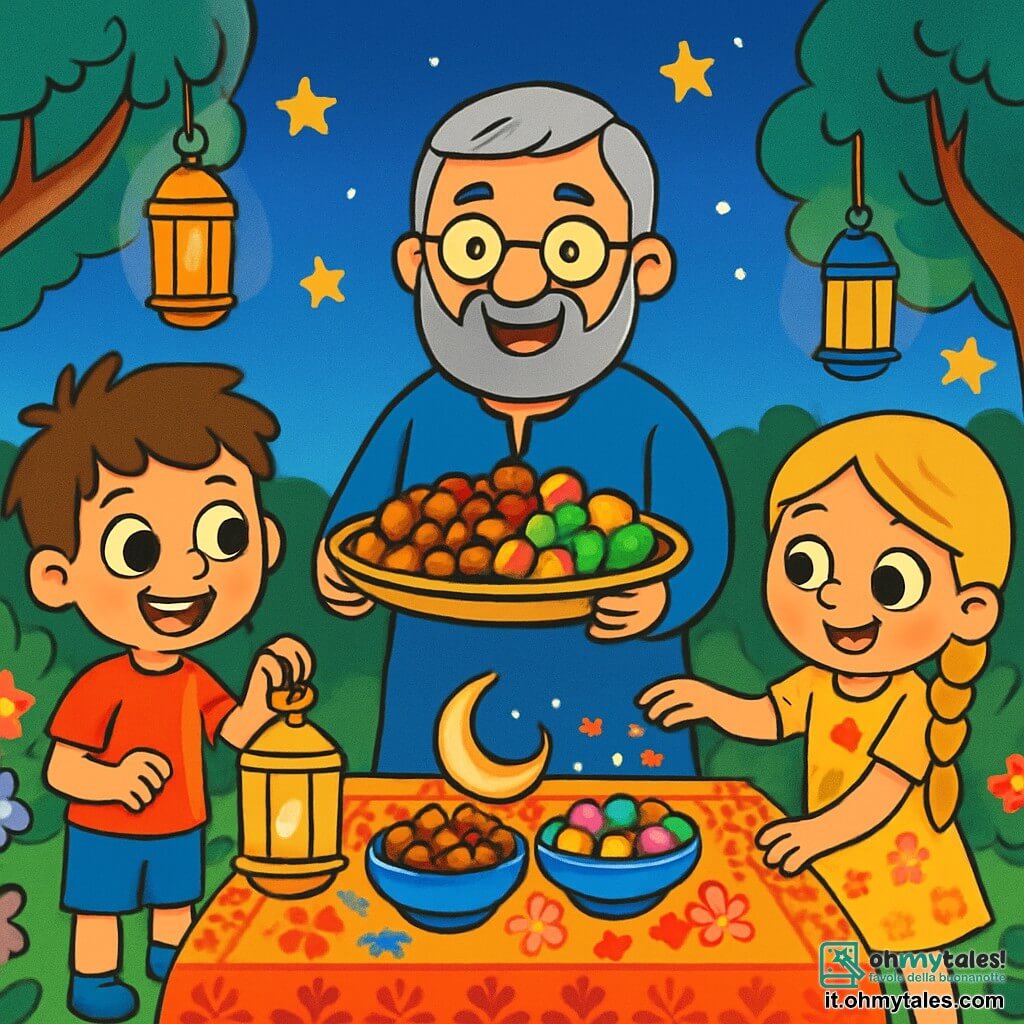 Ci sono 3 personaggi: - Luca: un ragazzo di 6 anni, con capelli castani disordinati e occhi scintillanti. Indossa una maglietta rossa e pantaloni corti blu. È in piedi a sinistra, sorridente, mentre tiene una lanterna dorata. - Sara: una ragazza di 6 anni, con lunghi capelli biondi intrecciati e occhi verdi. Indossa un vestito giallo a fiori. È a destra di Luca, mentre sparge petali di fiori su una bella tovaglia. - Monsieur Ali: un uomo di mezza età, con barba grigia e occhiali. Indossa una tunica tradizionale blu. Si trova al centro, sorridente, mentre tiene un grande vassoio pieno di delizie colorate. Il luogo è un giardino incantevole, pieno di fiori vivaci e lanterne scintillanti appese ai rami degli alberi. Il terreno è coperto da una bella tovaglia colorata, e le stelle iniziano a brillare nel cielo crepuscolare. La scena principale mostra i bambini e Monsieur Ali che preparano una magnifica tavola per una celebrazione del Ramadan, circondati da risate e gioia, con piatti appetitosi e luci brillanti che illuminano il giardino.