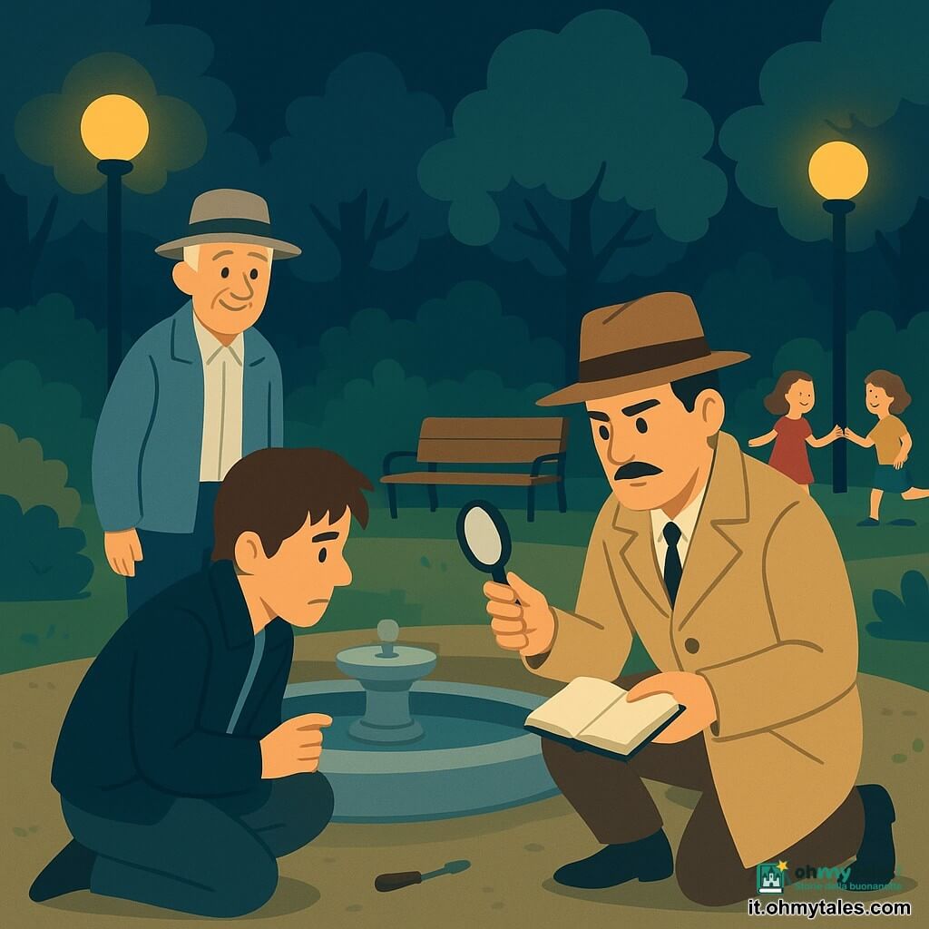 Un detective di circa 40 anni, viso quadrato, baffi sottili, occhi attenti e sopracciglia corrugate, con cappotto beige e fedora, si inginocchia vicino a una fontana tenendo una lente e un taccuino aperto; Giuseppe, uomo di circa 70 anni con capelli grigi e cappello a tesa larga, sorride dolcemente da un vialetto di ghiaia a sinistra; Luca, giovane di circa 20 anni con capelli castani disordinati e giacca scura, è accucciato sul bordo della fontana con un piccolo pezzo di metallo in mano; a destra due bambini (una bambina di 8 anni e un bambino di 7) ridono vicino a una panchina; parco cittadino di notte con fontana circolare in pietra, alberi ombrosi, lampioni con luce gialla calda, cespugli e una piccola cassetta di legno ai piedi di un albero; scena principale: interrogatorio calmo del detective a fianco della fontana sotto un lampione, oggetti trovati (un piccolo cacciavite) sul pavimento, atmosfera misteriosa ma rassicurante; colori piatti e contrastati (blu profondo per il cielo, gialli caldi per le luci, verdi tenui per la vegetazione), forme semplici e stile adatto ai bambini.
