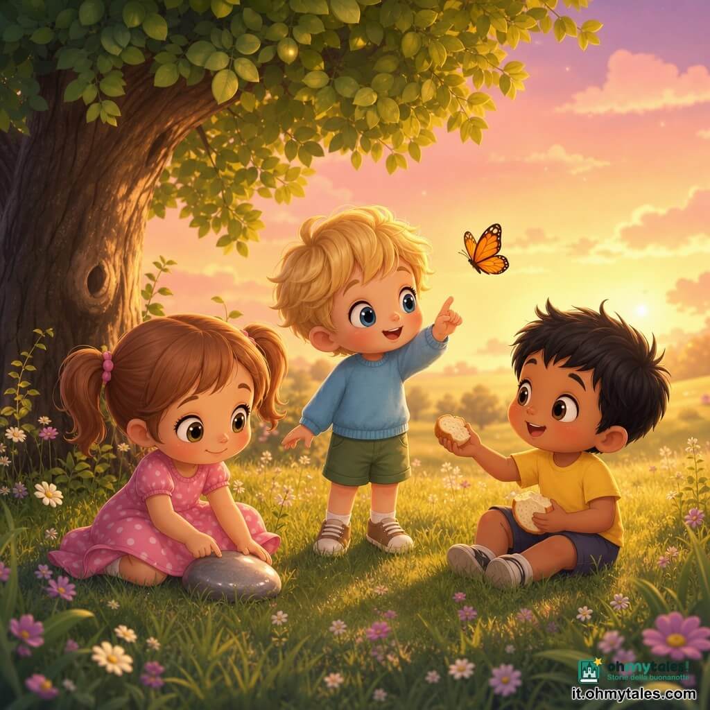 Ci sono tre bambini di 4 anni: Lila, occhi nocciola, capelli castano chiaro in codini e vestito rosa a pois, seduta a sinistra a toccare un piccolo sasso liscio; Tom, capelli biondi spettinati, maglione azzurro e pantaloncini verdi, al centro in piedi che guarda una farfalla arancione; Nino, pelle leggermente abbronzata, capelli neri corti e maglietta gialla, a destra seduto sull'erba a condividere un pezzo di pane. Sono in un prato verde al crepuscolo con fiori bianchi e violacei, un grande albero a sinistra e un cielo rosa-arancio; i bambini giocano insieme ai piedi dell'albero, quasi tenendosi per mano, in un'atmosfera tenera e luminosa.
