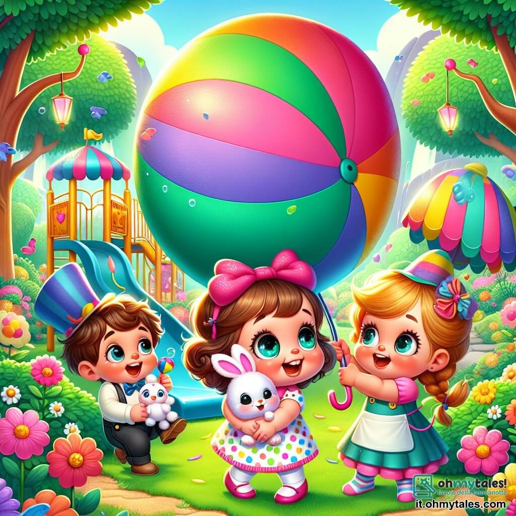 Una bambina di 2 anni, con grandi occhi brillanti e capelli ricci, indossa un vestito colorato a pois. Sorride meravigliata, tenendo un peluche di coniglio rosa tra le braccia, pronta a vivere un'avventura divertente. Accanto a lei, un ragazzo di 3 anni, Marco, con capelli castani disordinati e un grande cappello buffo che gli cade sugli occhi, ride mostrando un enorme pallone colorato che cerca di spingere. Un'altra persona, Sofia, una ragazza di 4 anni con trecce dorate e un vestito blu, tiene un ombrello aperto sopra la testa, ridendo della situazione. La scena si svolge in un giardino incantato, pieno di fiori vivaci, grandi alberi con foglie verdi e uno scivolo colorato sullo sfondo, che scintilla sotto il sole. I bambini cercano di far rotolare insieme un enorme pallone colorato che blocca lo scivolo, ridendo e divertendosi mentre lavorano in squadra per aiutare il loro nuovo amico, un pinguino gioioso che aspetta con ansia di scivolare.