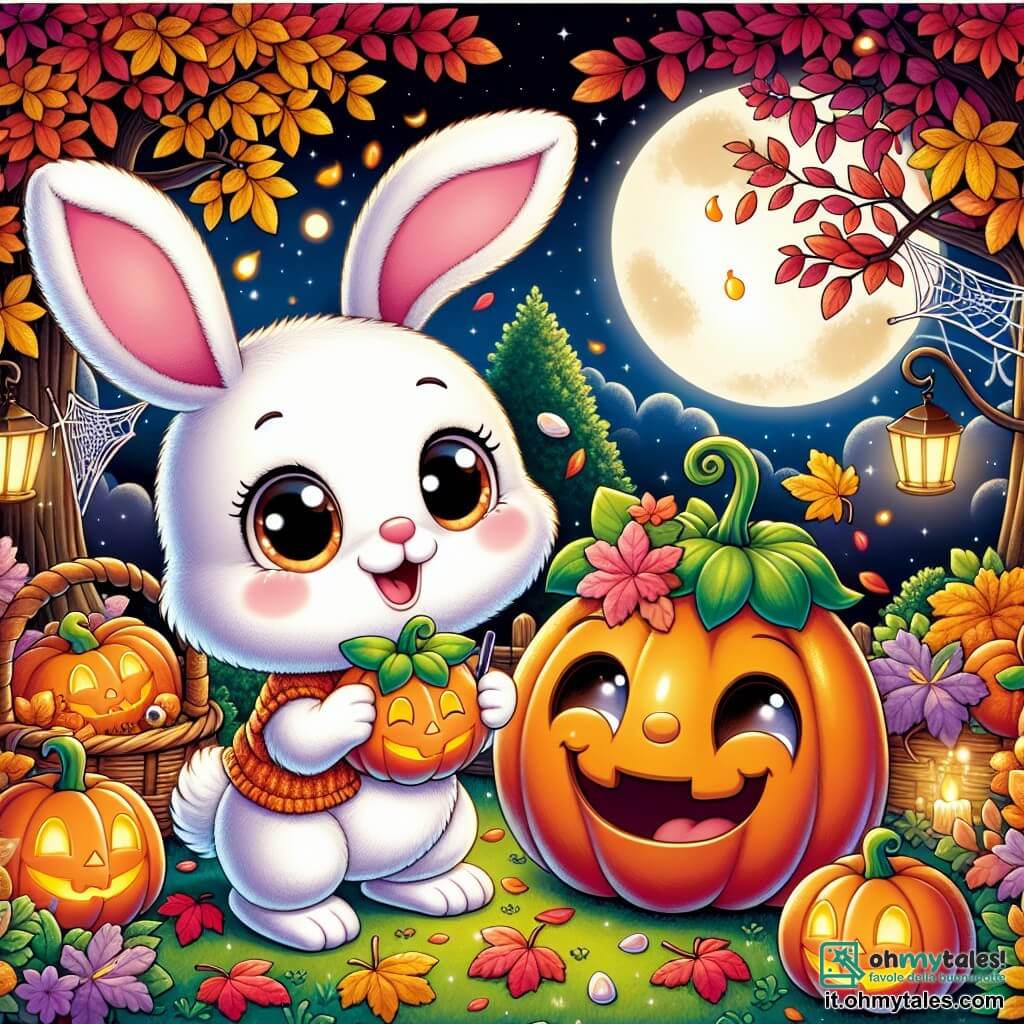Un adorabile coniglietto bianco, con grandi orecchie e un naso rosa che trema dall'eccitazione, sta decorando un giardino con foglie colorate e lanterne a forma di zucca. Il suo volto irradia gioia e curiosità. Accanto a lui, una gioiosa zucca sorridente, con occhi scintillanti e un ampio sorriso, balla oscillando le sue foglie verdi, felice di aiutare il coniglio a preparare la festa di Halloween. Il decor è un incantevole giardino autunnale, pieno di foglie dorate e rosse, zucche luminose e ragnatele scintillanti appese ai rami degli alberi. La luna brilla alta nel cielo, aggiungendo un tocco magico all'atmosfera. La scena principale mostra il coniglio e la zucca intenti a preparare la festa di Halloween, circondati da decorazioni colorate, pronti ad accogliere tutti i loro amici animali per una notte di risate e magia.