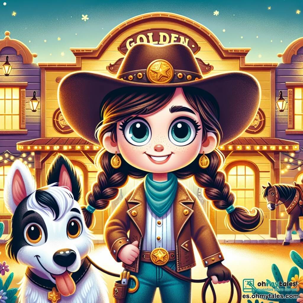 Una joven vaquera llamada Lola, con trenzas de cabello castaño y una gran sonrisa valiente, lleva un sombrero de vaquero y una chaqueta de cuero. Se encuentra frente al Saloon Dorado, con los ojos brillantes de emoción y curiosidad. A su lado, su perrito Copito, un adorable cachorro blanco con grandes orejas, mueve la cola con entusiasmo. Un poco más lejos, su caballo Estrella, una hermosa yegua negra con una melena ondulada, se mantiene orgullosa, mirando a su alrededor. El Saloon Dorado es un edificio de madera de colores dorados, con ventanas brillantes y un letrero resplandeciente que atrae la atención. Faroles de hierro forjado iluminan la entrada, creando una atmósfera cálida y misteriosa. Lola, decidida a resolver el misterio de la música mágica que resuena cada noche, avanza hacia el saloon, lista para descubrir los secretos que encierra.