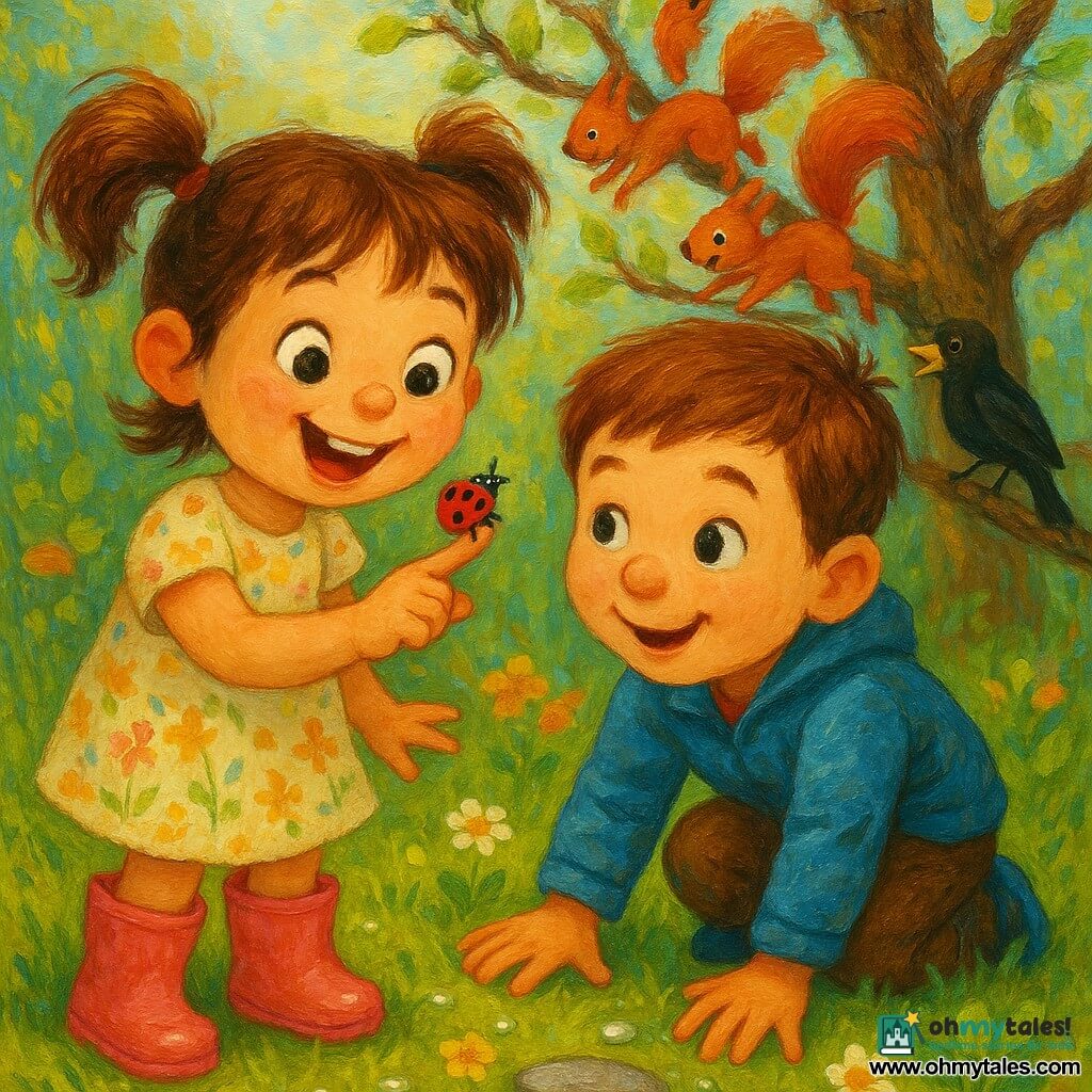A joyful 4-year-old girl with brown pigtails and bright eyes, wearing pink boots and a floral dress, holds a small red ladybug with black spots on her fingertip; a curious smiling boy of about 5 with short brown hair and a blue jacket crouches beside her, one hand on the wet grass. Two red squirrels dash along a tree trunk in the background with bushy tails, and a black bird perches on a low branch singing with wings folded, head tilted toward the children. The garden has glossy green grass dotted with small yellow and white flowers, tender leaves, a large apple tree with buds, wet flat stones and visible dewdrops. The scene captures a springtime discovery in soft morning light, saturated but gentle colors, visible acrylic paint textures, and a calm, happy atmosphere.