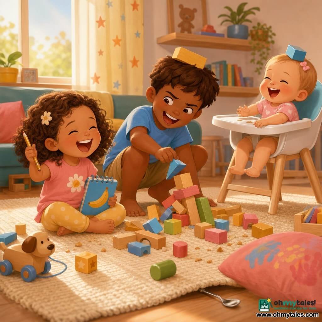 A joyful 4-year-old girl with curly brown hair and squinted smiling eyes holds a small blue notebook with a banana doodle and a trembling pencil; her ~7-year-old brother with short chestnut hair, half-annoyed half-amused, crouches by a toppled block tower with a hand raised as if he placed the last brick; a ~1-year-old baby girl with fine light hair sits in a high chair to the right, laughing and banging the tray while a metal spoon rolls under the rug. The warm living room has a cream woven rug, late-afternoon light from a window, colorful cushions, scattered wooden toys and blocks, and a star-patterned curtain. The main scene centers on the three laughing faces: the little girl scribbling quickly, the collapsed tower, and two blocks perched like hats on the baby and brother; small details include crumbs on the rug, handprint paint on a cushion, and a shiny spoon partly hidden under the rug. Palette: warm pastels (pale yellow, sky blue, salmon pink), soft shadows, rounded contours, smooth gradient-mesh rendering with subtle wood and fabric textures, composition focused on the three faces.