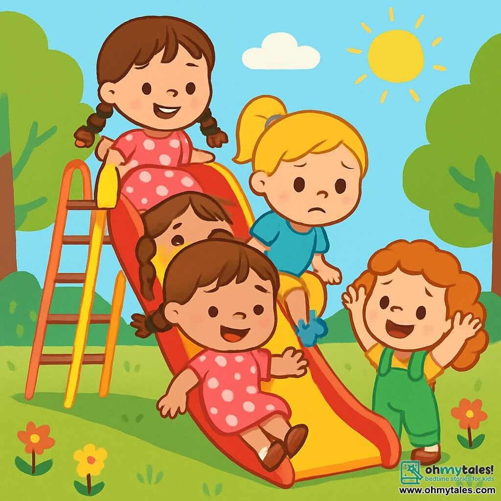 There are 3 characters: - Lily: a 6-year-old girl with brown braided hair, wearing a pink dress with white polka dots. She is at the top of a slide, smiling and ready to slide down. - Mia: a 5-year-old girl with blonde ponytail hair, dressed in a blue t-shirt and yellow shorts. She is sitting at the edge of the slide, a bit nervous but determined. - Ava: a 6-year-old girl with curly red hair, wearing a green overall. She is at the bottom of the slide, raising her arms to encourage Mia. The scene takes place in a sunny park with lush green trees, colorful flowers, and a large red and yellow slide shining in the sun. Children are playing around, laughing and having fun, while a clear blue sky stretches above them. The main situation shows Mia, a bit hesitant, sitting at the top of the slide, while Lily joyfully slides down, and Ava encourages her with a big smile. Mia's expression shows both fear and excitement, capturing the moment she overcomes her fear of the slide.