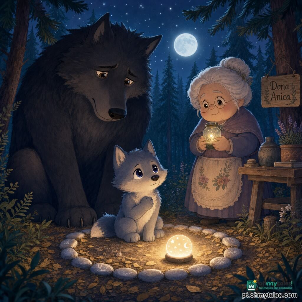 Um pequeno lobo chamado Luar, jovem e dócil, pelagem cinza-azulada macia, olhos grandes e brilhantes cor de noite, sentado diante de uma pequena luz quente e amarela, com uma pata perto do peito; atrás, o Grande Lobo Mau, maior, silhueta massiva mas não assustadora, pelagem escura texturizada, olhar triste, em pé a alguns passos; à direita de Luar, Dona Anica, velha e acolhedora, cabelos brancos presos, avental florido, sorrindo e segurando um pequeno frasco-lâmpada fraco sobre uma mesa de madeira; ao redor, pinheiros claros de troncos finos, samambaias verdes, chão coberto de folhas douradas e pequenas pedras brancas em círculo, luz prateada da lua filtrando entre os galhos; cena tranquila à beira de uma clareira noturna, contraste entre o brilho quente da luz e a escuridão azulada da floresta, composição centrada em Luar e na lâmpada, tons pastéis, formas arredondadas, estilo kawaii minimal e cores suaves.