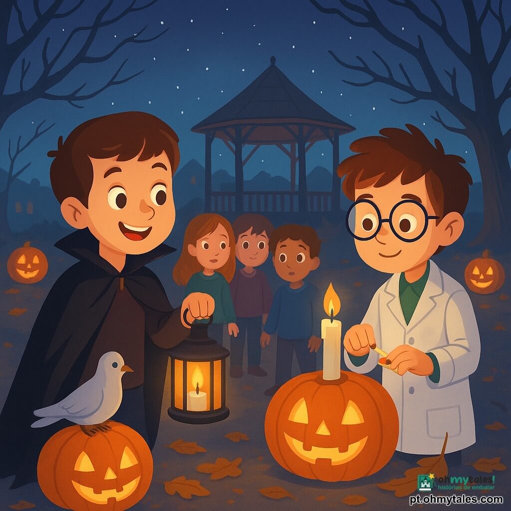 Há 2 personagens principais: - Um menino de 10 anos chamado João, vestindo uma capa de vampiro preta que arrasta levemente no chão, está à esquerda da imagem, segurando uma lanterna que ilumina seu rosto sorridente. - Um menino de 10 anos chamado Miguel, vestido com um traje de cientista louco com óculos de cartolina trêmulos, está à direita da imagem, acendendo velas com uma caixa de fósforos pequenos. O local é uma praça de vila mergulhada na penumbra, iluminada por abóboras esculpidas com velas dentro. As árvores ao redor estão desfolhadas, seus galhos formando silhuetas dançantes sob a luz das estrelas. No centro, um antigo coreto de madeira é cercado por folhas secas. A situação principal mostra João e Miguel guiando um grupo de cinco crianças mais novas, que os seguem com olhos arregalados e curiosos. As crianças estão cercadas por sombras suaves e luzes vacilantes, criando uma atmosfera de aventura e mistério. Uma pomba prateada está empoleirada em uma abóbora, parecendo observar a cena com um ar benevolente.