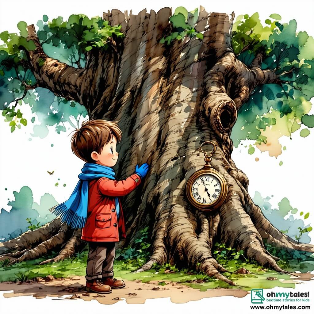 An 11-year-old boy named Oliver, with tousled brown hair and sparkling curious eyes, stands before a massive ancient oak in the enchanted forest. He wears a bright red coat, a blue scarf, and wool gloves, his face showing excitement mixed with wonder as he touches the tree's rough bark. Nearby, a mysterious figure, the Timekeeper, appears as a glowing creature, hovering slightly above the ground. Its eyes shine with infinite wisdom and its body sparkles like stars, creating a magical atmosphere. The setting is a peaceful forest bathed in silver moonlight, with majestic trees laden with shimmering snow. The ground is covered in a thick layer of snow, and snowflakes gently fall, adding a touch of magic to the scene. The main situation shows Oliver, heart racing, ready to embark on his quest to find the Tokens of Time, as the Timekeeper entrusts him with an important mission, creating a moment of intense anticipation on this New Year's Eve.