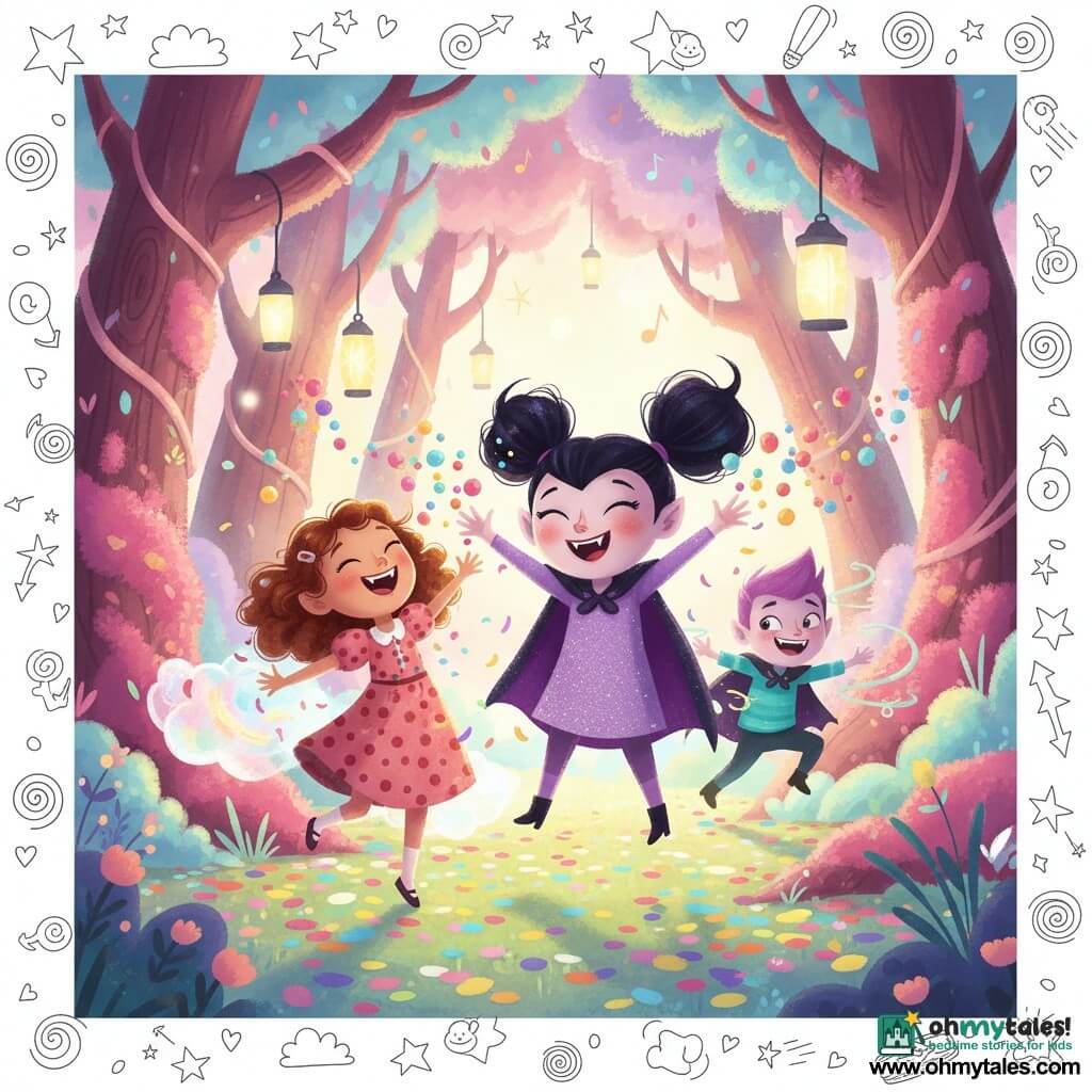 The main character is a joyful, mischievous girl vampire with shiny black pigtails, slightly pearly skin, small pointed but smiling teeth, and a sparkly purple cape; she laughs with arms open, sending sparkling colorful bubble-like lights that trigger a burst of giggles from a relieved, radiant 10-year-old human girl (Pippa) with chestnut curls and a polka-dot dress surrounded by confetti. Nearby, a small boy vampire (Vinnie) with spiky hair and a turquoise cape grins conspiratorially while twirling ribbons. They stand in a clearing called "Ticklish Treetops" with giant mossy trunks, sugar vines, pastel pompom leaves that tremble and chime, a carpet of rainbow petals and hanging lanterns; the scene captures the exact moment the girl regains her giggle as a rain of tickling stars produces exuberant, warm laughter in a colorful, plush-textured, rounded, expressive composition.