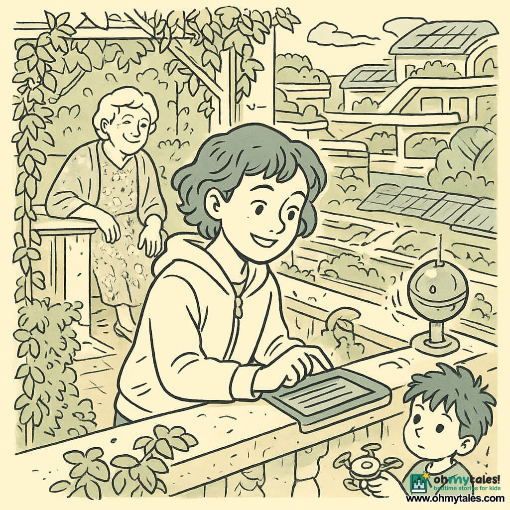 A joyful, focused 10-year-old girl with short wavy hair and a light hooded jacket touches a small screen set into a railing to leave a message, her face soft and proud; in the background Mme Lajoie, about 60, smiles with a hand on a bench, wearing a floral dress and shawl under a vine by the balustrade; a curious 6-year-old boy with tousled hair holds a small fallen drone on a nearby ledge and looks at a silver spherical weather sensor; the scene is on a narrow hidden balcony between terraces, the balustrade draped in climbers with a scratched plaque reading "To remember," overlooking tiered terraces with green roofs, thin water channels and curved solar panels; the girl types on an old screen while the spherical sensor and decorative vents emit small glows and data lines, creating a warm, intimate atmosphere with futuristic urban details.