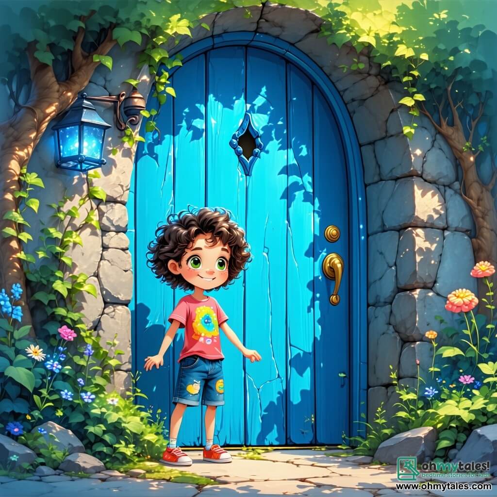 In the center of the image, a 12-year-old girl named Lila, with curly, tousled hair and sparkling green eyes full of curiosity, stands in front of a mysterious blue door. Her face shows a mix of excitement and apprehension, and she wears a colorful t-shirt and denim shorts. Beside her is a small fantastical character named Pip, a blend of rabbit and bird, with soft feathers and a little vest, jumping for joy, his round eyes shining with enthusiasm. The setting is a dusty old attic filled with wooden boxes, old books, and cobwebs, with a beam of light illuminating the mysterious door. The main scene shows Lila ready to open the door while Pip encourages her with a big smile, creating an atmosphere of adventure and magic.
