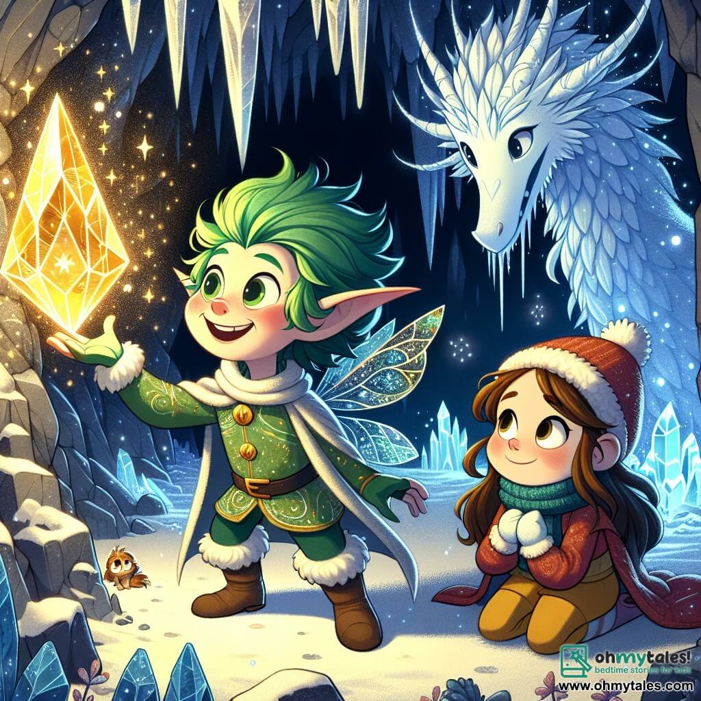 A cheerful elf with sparkling green hair and a shimmering silver outfit stands at the center of the scene, smiling with mischievous sparkling eyes while holding a beautiful gem that shines with a golden light. Next to him, a seven-year-old girl with long brown hair and a red hat looks in wonder at the crystal, her eyes shining with curiosity and joy. The setting is a magical cave where the walls sparkle like diamonds under the crystal's light, and snowdrop-shaped stalactites hang from the ceiling. In the background, a gentle and majestic ice dragon with light blue scales and warm eyes watches them with a kind smile. The scene captures the moment when the elf and the little girl discover the magical crystal together, illuminating the cave with a warm glow, symbolizing the friendship and magic of their adventure.