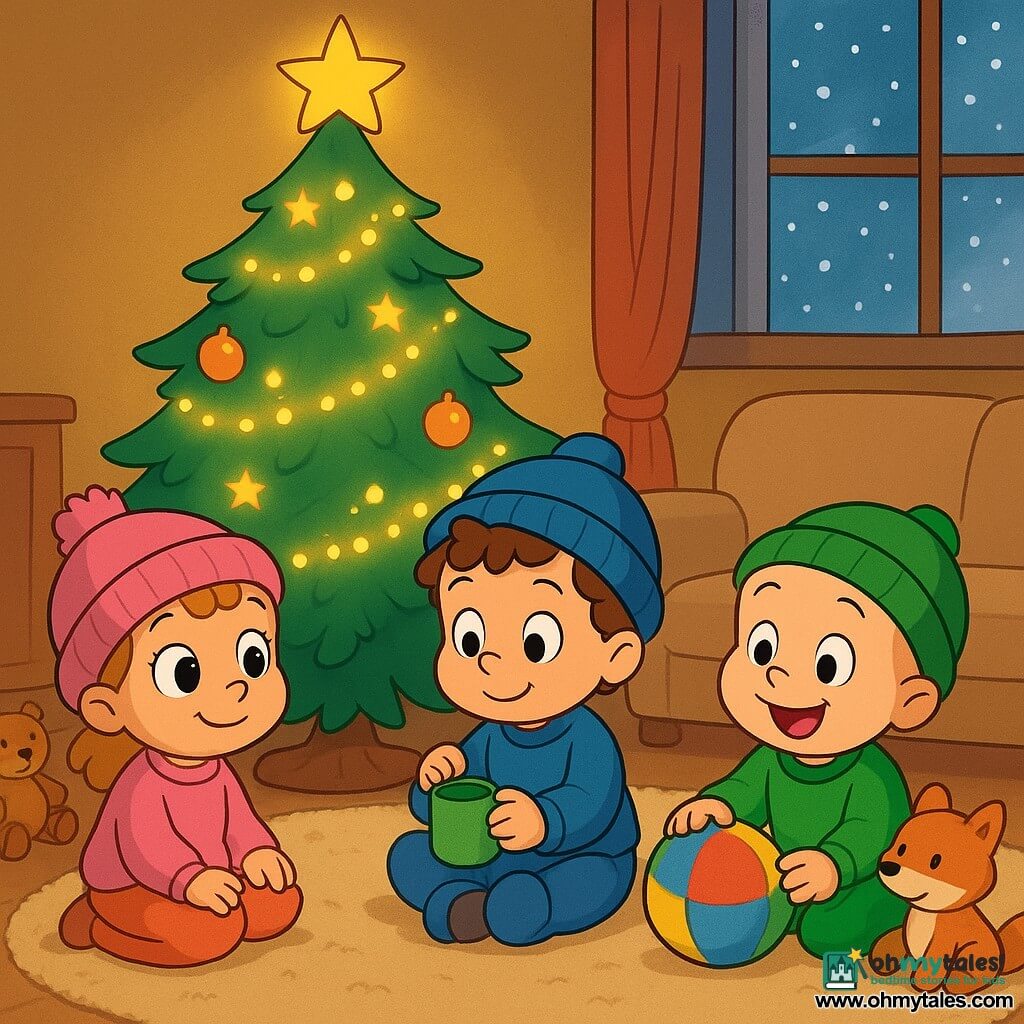 There are three characters: A one-year-old girl with big curious eyes and a pink wool hat, sitting on the left near the Christmas tree, smiling as she looks at the lights. A one-year-old boy with curly hair and a blue cap, sitting in the center, gently tapping a cup with his small hands. A one-year-old boy with a round face and a green cap, sitting on the right, laughing as he rolls a colorful ball. The setting is a cozy living room with a large Christmas tree decorated with twinkling lights and stars. The floor is covered with a soft carpet, and a window shows snow gently falling outside. The main scene shows the three children sitting in a circle around the glowing tree, surrounded by toys and stuffed animals. A plush fox stands near them, seemingly playing with the ball. The atmosphere is joyful and gentle, with golden lights creating a magical ambiance.