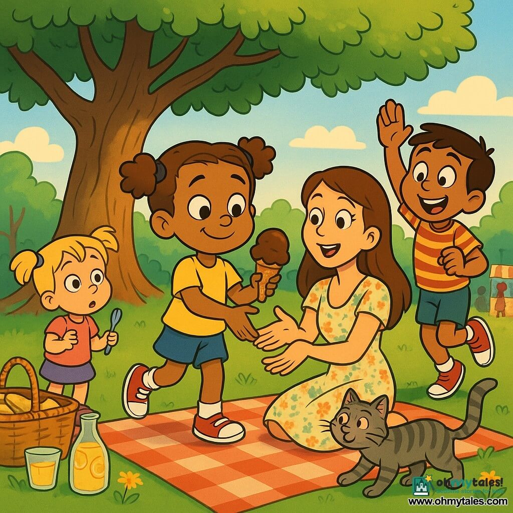 A smiling, proud 6-year-old girl with light brown curly hair in two small pigtails holds a chocolate ice cream cone and walks slowly to offer it to her seated mother—a woman of about 30–35 with long brown hair in a light floral dress—on a red-and-white checkered blanket under a large green oak in a sunny park; nearby Leo, about 6–7 with short dark brown hair and a striped tee, jumps and reaches to encourage her on the right, while little Ruby, about 4–5 with blonde hair in pigtails, stands left holding a small plastic fork and gazing in wonder; a small gray tabby cat named Whiskers weaves between baskets and legs, an open wicker picnic basket with sandwiches and lemonade is visible, dandelions and soft grass surround them and a refreshment stall with a line of blurred figures sits in the background, capturing a warm, joyful Mother's Day picnic moment in a 90s cartoon style with crisp lines, bright pastel palette and soft late-afternoon light.
