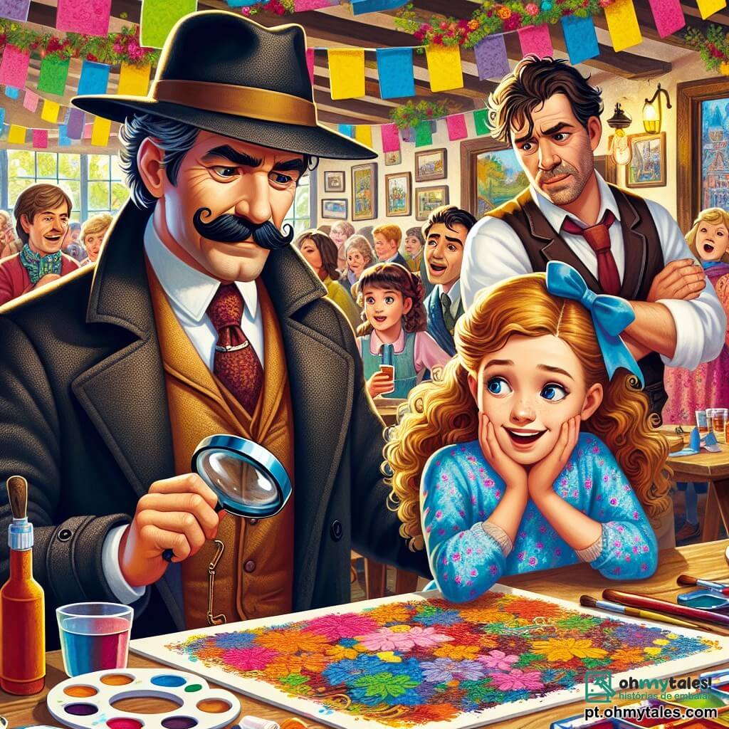 Um homem, o detetive Augusto, está no centro da imagem, com um grande sorriso no rosto. Ele tem um bigode bem cuidado e usa um chapéu de feltro preto, um paletó bege e uma calça marrom. Ele segura uma lupa na mão direita e observa atentamente um quadro colorido em cima de uma mesa. Ao seu lado, Clara, uma menina de cerca de 10 anos, com cabelos longos e cacheados, vestindo um vestido azul com flores, observa com empolgação. Ela tem olhos brilhantes e um sorriso encorajador, segurando uma paleta de pintura nas mãos. Um homem, Léo, de cerca de 30 anos, com cabelo bagunçado e expressão preocupada, está um pouco afastado, com os braços cruzados, olhando o quadro com curiosidade. A cena acontece em uma taverna animada, decorada com guirlandas coloridas, onde crianças e adultos se divertem em mesas cheias de deliciosas guloseimas. Balões flutuam no teto e risadas ecoam no ar. Ao fundo, há um grande painel anunciando o festival de outono. Nesta ilustração, Augusto, Clara e Léo estão em plena investigação para encontrar um quadro roubado, e a empolgação da descoberta é palpável no ar.