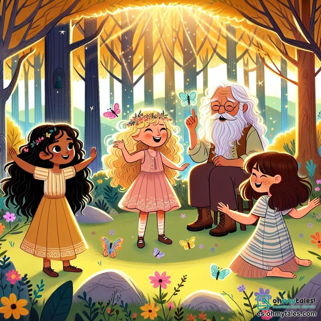 En una clara encantada del Bosque de los Sueños, cuatro chicas están de pie en círculo. **Luna**, de 9 años, con largos cabellos negros y ojos brillantes, sonríe a sus amigas. **Estrella**, también de 9 años, tiene el cabello rubio rizado y lleva un vestido rosa, señala una mariposa colorida que vuela alrededor. **Sol**, de 8 años, con cabello pelirrojo y pecas, danza alegremente con los brazos levantados hacia el cielo. **Cielo**, la más tímida, tiene 7 años, con cabello castaño y una pequeña corona de flores, escucha atentamente al Sabio del Bosque, un hombre mayor con barba blanca y ojos brillantes, sentado sobre una roca en el centro del círculo. El lugar es una clara verde, rodeada de grandes árboles con hojas doradas que brillan bajo la luz del sol poniente, creando un juego de sombras y luces. La escena principal muestra a las cuatro chicas escuchando al Sabio, quien les habla sobre la luz interior que cada una posee, mientras una suave melodía flota en el aire, simbolizando la armonía y la magia del momento.