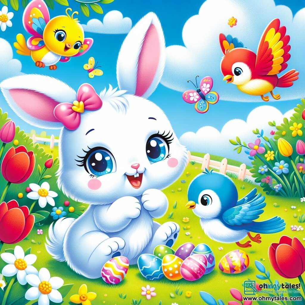 In a sunny garden, a small bunny named Bella, with soft white fur, large pink ears, and sparkling joyful eyes, is hiding colorful eggs under a green bush. She smiles enthusiastically, her front paws raised, ready to play. Next to her, two colorful birds, a bright-feathered robin and a blue tit, are joyfully flying in the air, their eyes shining with excitement as they search for the eggs. They are approaching a pink egg hidden in the grass. Colorful butterflies dance around Bella, one, a yellow butterfly, delicately landing on her nose, while another, with blue and purple patterns, flutters around her, both expressing contagious joy. The garden is filled with vibrant flowers, red tulips, and yellow daffodils, and the sky is a bright blue, dotted with fluffy white clouds. The scene depicts Bella and her friends in an Easter egg hunt, laughing and having fun together, surrounded by vivid colors and the beauty of spring.
