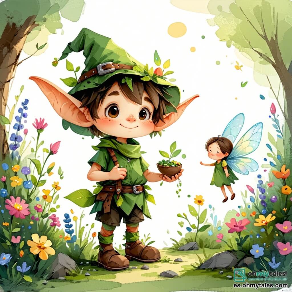 Lucas, un pequeño duende de cabello despeinado y grandes orejas puntiagudas, está de pie en el centro de un jardín colorido, con su rostro radiante de alegría y emoción. Lleva un pequeño sombrero verde y una túnica de hojas, sosteniendo un puñado de semillas de flores que está a punto de plantar. A su lado, Lila, una hermosa hada con alas translúcidas y brillantes, sonríe con entusiasmo. Lleva un vestido hecho de pétalos de rosa y vuela ligeramente sobre el suelo, sosteniendo una pequeña pala de madera para ayudar a Lucas. El jardín es un verdadero cuadro de primavera, lleno de flores brillantes de todos los colores: tulipanes rojos, margaritas blancas y campanillas azules. Mariposas de alas multicolores bailan a su alrededor, mientras un cielo azul claro se extiende sobre ellos, salpicado de nubes esponjosas. La escena principal muestra a Lucas y Lila plantando semillas en la tierra fértil, rodeados de risas y cantos de otras criaturas del bosque, celebrando juntos la llegada de la temporada primaveral.