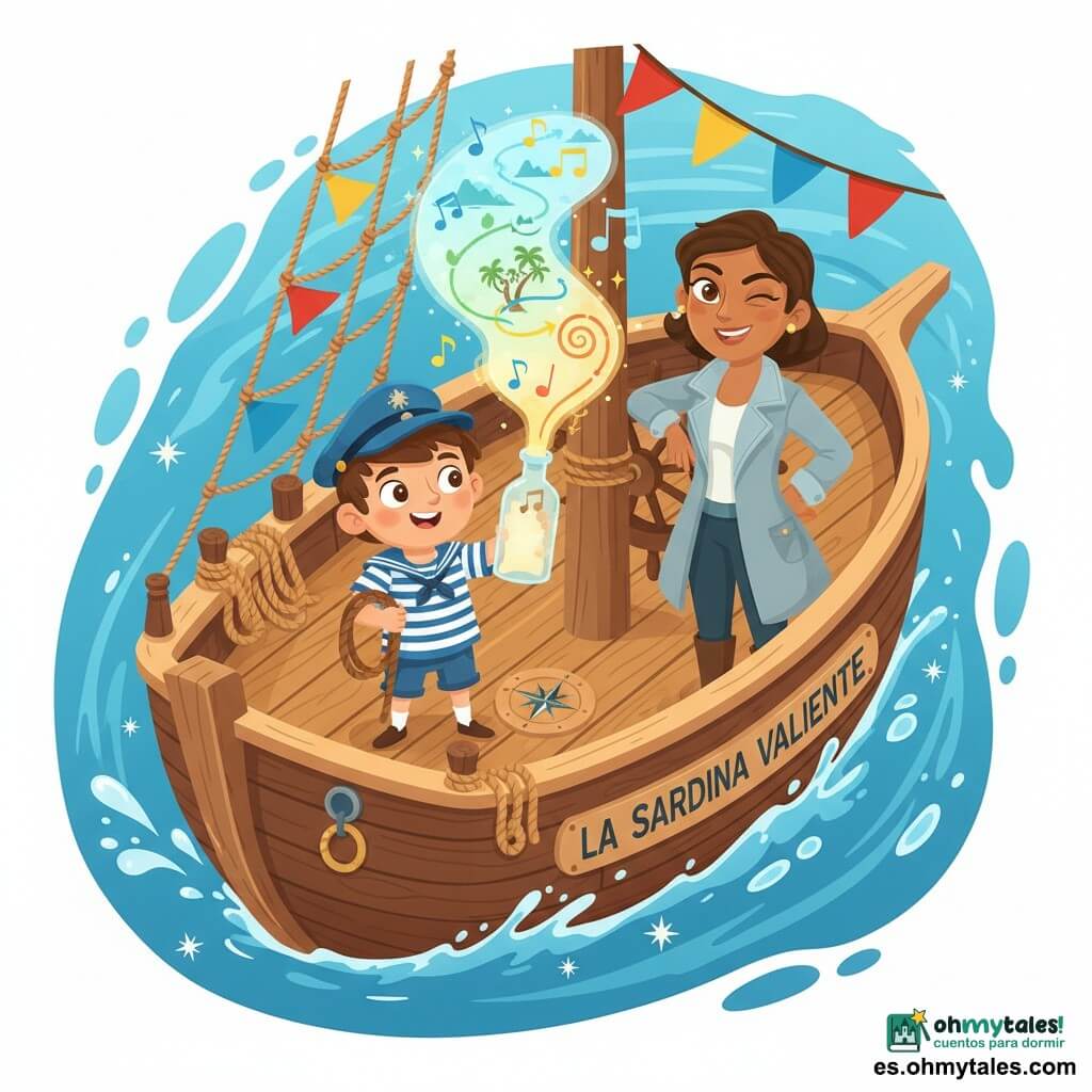 Un niño llamado Tomás, joven marinero de baja estatura con gorra azul ladeada, rostro entusiasta y algo nervioso, sostiene una cuerda y una botella que se ha convertido en un mapa cantador, de pie en la cubierta de madera; a su derecha la capitana Bruma, unos 35 años, piel bronceada, abrigo grisazul ligero, guiña un ojo y sonríe con picardía apoyada en el timón. El barco La Sardina Valiente tiene cubierta de madera cálida, cabos redondos y nudos visibles, banderines coloridos y una pequeña brújula pintada en una tabla. El mar brilla como caramelo fundido con reflejos centelleantes, salpicaduras estilizadas y burbujas redondas. El mapa es un pergamino luminoso con notas musicales flotantes y tres rutas en colores vivos: bahía brumosa, islote de palmeras retorcidas y un remolino en espiral. Ambiente alegre y aventurero, colores saturados y contrastados, formas sencillas y contornos nítidos, composición centrada en Tomás y el mapa, perspectiva ligeramente picada para mostrar cubierta y mar.