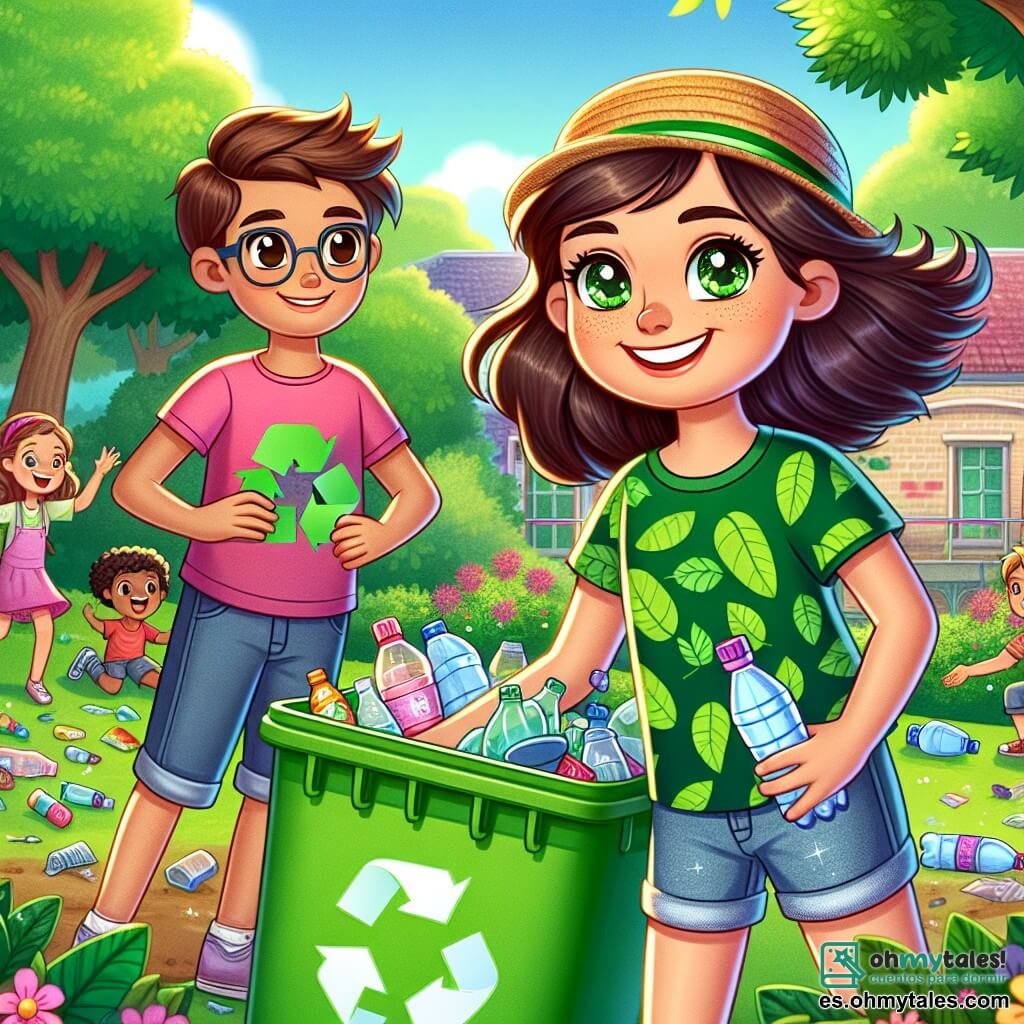 Una niña de 12 años, Clara, con largos cabellos castaños y ojos llenos de determinación, se encuentra en el centro de la imagen, sonriente y llena de energía, vistiendo una camiseta verde con un diseño de hoja y un short de mezclilla. Sostiene un gran contenedor de reciclaje, lista para recoger los desechos. A su derecha, Manuel, un niño de 11 años con cabello corto y gafas, mira a Clara con entusiasmo, sosteniendo una botella de plástico que acaba de recoger. A su izquierda, Sofía, una niña de 12 años con cabello rizado y un sombrero de paja, sostiene un cartel colorido que dice "¡Recicla!", con una gran sonrisa en el rostro. La escena se desarrolla en un parque verde, rodeado de majestuosos árboles y flores coloridas, con niños jugando al fondo. El suelo está lleno de desechos que Clara y sus amigos están a punto de recoger. La situación principal muestra a Clara y sus amigos en plena acción, decididos a limpiar el parque y concienciar a otros niños sobre la importancia del reciclaje, creando así una atmósfera alegre y dinámica.