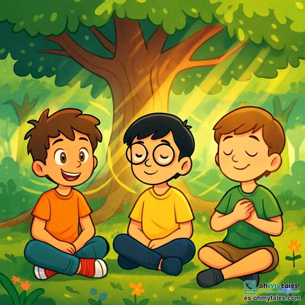 Hay 3 personajes: - Lucas: un chico de 12 años, con cabello castaño desordenado y ojos brillantes de curiosidad. Está sentado en posición de loto, con las manos sobre las rodillas, y sonríe con asombro. - Javier: un chico de 12 años, con cabello negro y liso, que lleva gafas redondas. Está ligeramente inclinado hacia adelante, con los ojos cerrados, respirando profundamente, con una expresión de serenidad en su rostro. - Mateo: un chico de 12 años, con cabello castaño y una pierna ligeramente más corta, sentado al lado de Lucas. Tiene una sonrisa suave y pacífica, con las manos unidas sobre su corazón, sintiendo la conexión con el mundo que lo rodea. El lugar donde ocurre la situación principal es un hermoso bosquete, con un árbol gigante cuyas raíces enredadas se extienden como brazos acogedores. Los rayos de sol filtran a través de las hojas verdes, creando patrones luminosos en el suelo cubierto de musgo suave y pequeñas flores coloridas. El aire es fresco y está impregnado del perfume de las flores silvestres, mientras que una ligera brisa hace bailar las hojas. La situación principal de la historia muestra a los tres amigos meditando juntos, respirando profundamente y conectándose con la naturaleza, rodeados de una aura de calma y envueltos en suaves olas de luz que simbolizan la paz y la serenidad que sienten en armonía con el mundo natural.