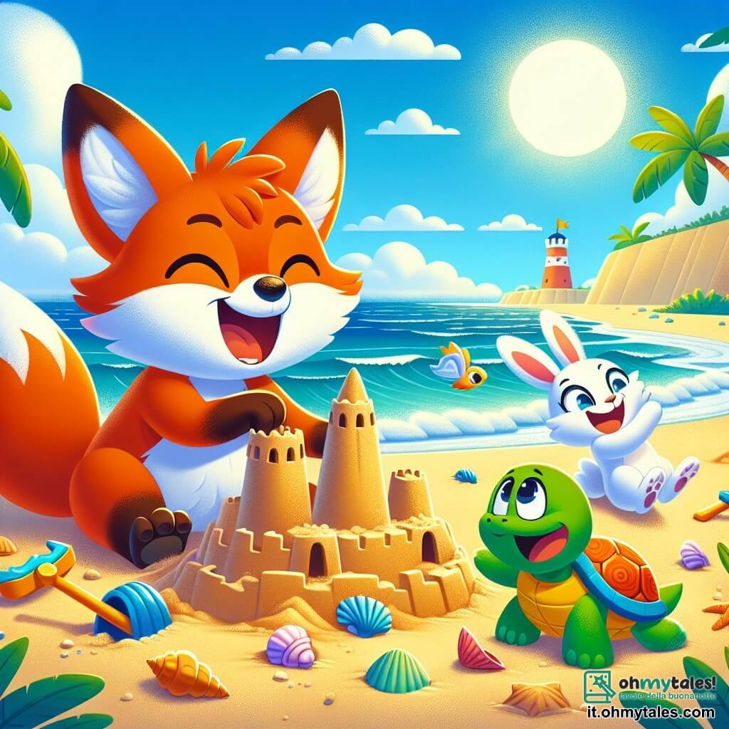 Foxy, una piccola volpe dai peli arancioni e dagli occhi maliziosi, sta ridendo di gusto con le zampe piene di sabbia mentre costruisce un magnifico castello di sabbia. Accanto a lui, Benny, un adorabile coniglietto bianco con grandi orecchie e un sorriso gioioso, raccoglie sabbia con entusiasmo, saltellando. Più in là, Tina, una tartaruga verde con un guscio colorato e occhi brillanti, cerca conchiglie lucenti per decorare il castello, mostrando un'espressione di divertita concentrazione. La scena si svolge su una spiaggia soleggiata, con onde dolci che lambiscono la riva, palme che ondeggiano dolcemente al vento e un cielo blu intenso punteggiato di nuvole bianche e soffici. Al centro dell'immagine, Foxy, Benny e Tina sono intenti a costruire il loro castello di sabbia, ridendo insieme dopo che Benny è caduto nella sabbia, creando un'atmosfera gioiosa e amichevole.