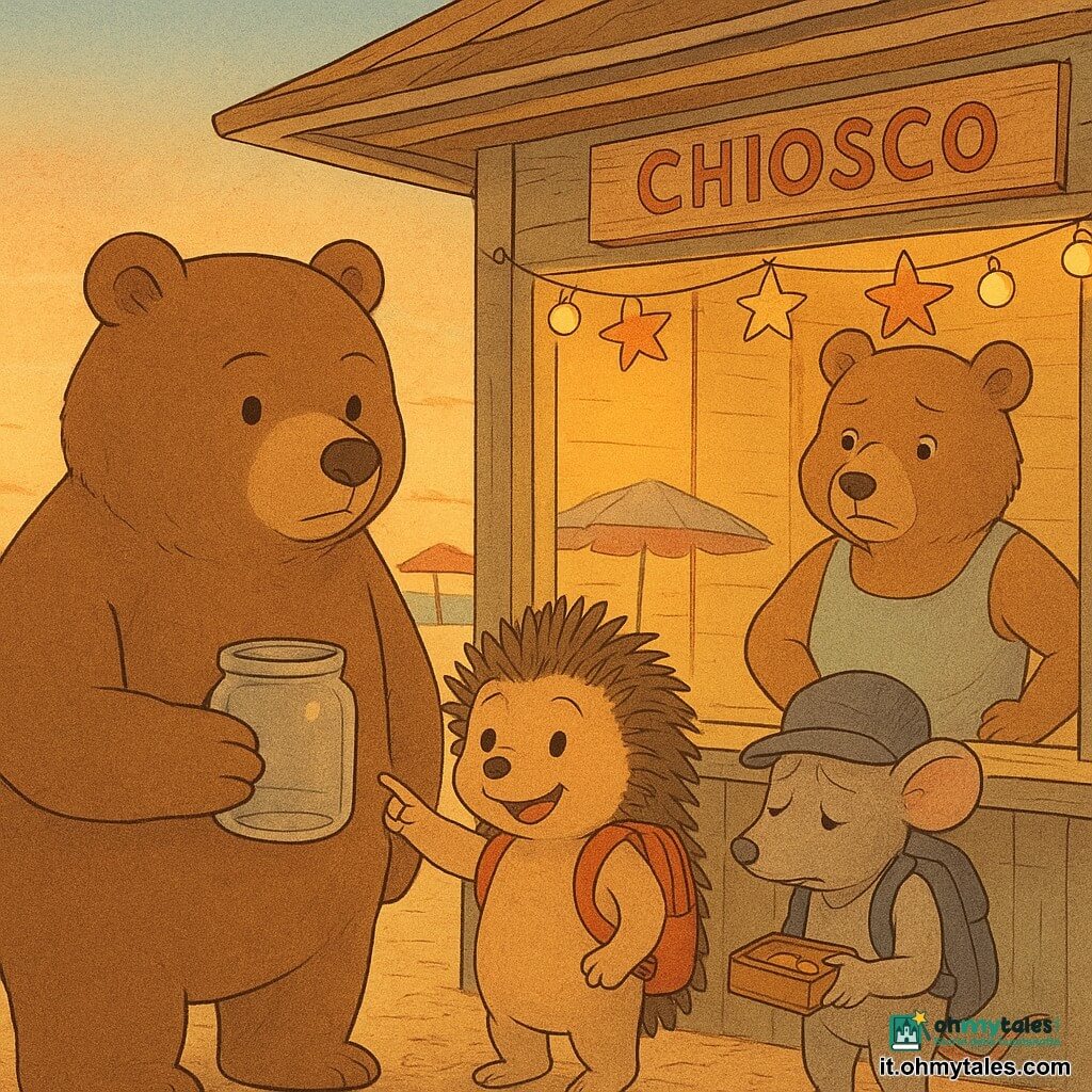 Il grande orso bruno, serio ma benevolo, dal pelo morbido tiene un barattolo di vetro vuoto davanti alla vetrina del chiosco; il piccolo riccio Nadir, energico e curioso con zaino troppo grande, sorride eccitato e indica la vetrina; il topolino Milo, timido e pentito con cappello storto, tiene una scatoletta di monete e guarda l’orso con sollievo; zia Lina, orsa anziana, mani sui fianchi, osserva dietro il bancone; l’airone Lino e un gabbiano sorvegliano da lontano vicino alle dune; il chiosco di legno è decorato con lucine e stelle marine di carta, ombrelloni colorati e mare scintillante al tramonto; situazione: confessione e restituzione — il gruppo rende le monete e prepara la vetrina, atmosfera calda di luce dorata, perdono e collaborazione.