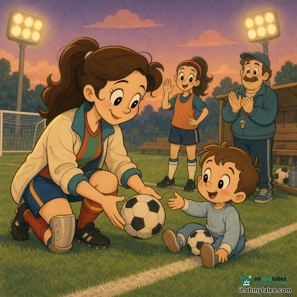Donna adulta (Marta) inginocchiata vicino a un pallone, volto sorridente e protettivo, in tenuta da calcio colorata con parastinchi e scarpini, capelli castani legati; bambino di 3 anni (Leo) seduto sulla linea bianca con un piccolo pallone tra le gambe, occhi stupiti, mano tesa verso la madre, espressione timida e felice; giovane compagna di squadra (~20 anni) poco dietro con pettorina arancione che saluta sorridendo verso Marta e Leo; allenatore (~40 anni) in panchina con fischietto, applauso discreto; campo al crepuscolo con erba verde, linee bianche nette, luci dello stadio e panchine, atmosfera calda e rassicurante in stile cartoon rétro “rubber hose”, colori pastello e contorni morbidi.