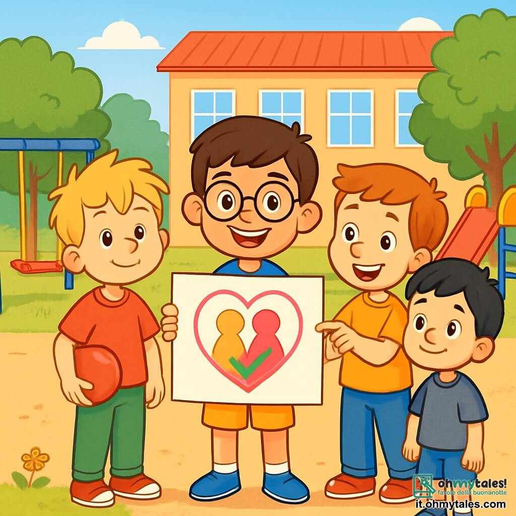 Ci sono 4 bambini: - Marco: un ragazzo di 8 anni con capelli castani e occhiali. Indossa una maglietta blu e pantaloni corti gialli. Marco è al centro, sorridente, con un grande disegno colorato in mano. - Luca: un ragazzo di 7 anni con capelli biondi arruffati. Indossa una maglietta rossa e pantaloni verdi. Luca è a sinistra di Marco, tiene una palla rossa e ha uno sguardo amichevole. - Tommaso: un ragazzo di 8 anni con capelli castani e lentiggini. Indossa una maglietta arancione e jeans. Tommaso è a destra di Marco, indica il disegno con entusiasmo. - Matteo: un ragazzo di 7 anni con capelli neri e occhi tristi. Indossa una maglietta grigia e pantaloni corti blu. Matteo è leggermente indietro, guarda il disegno con un sorriso timido, circondato dai suoi nuovi amici. La scena si svolge nel cortile di una scuola elementare, con alberi verdi sullo sfondo e giochi colorati come altalene e uno scivolo. Il pavimento è coperto di ghiaia e piccoli fiori selvatici che aggiungono colore all'ambiente. I quattro bambini sono riuniti attorno a un grande cartellone colorato. Marco, con un sorriso caloroso, presenta il disegno che promuove amicizia e gentilezza, mentre Luca, Tommaso e Matteo lo ascoltano attentamente, pronti a condividere il loro messaggio contro il bullismo.