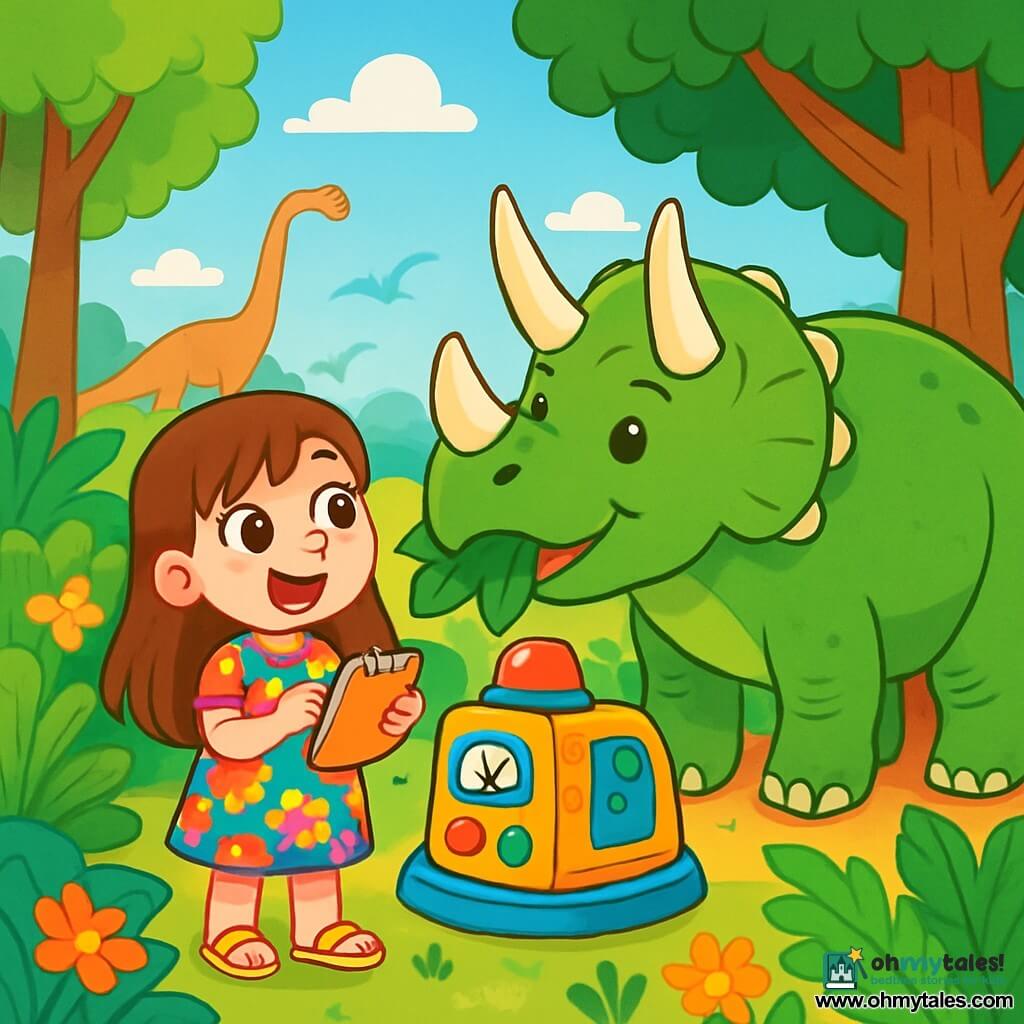 A 6-year-old girl named Lily, with long brown hair and sparkling curious eyes, smiles in wonder as she stands next to her time machine. She wears a colorful flower dress and yellow sandals, excitedly gazing at the prehistoric world around her. Beside her, a friendly triceratops with green skin and majestic horns bends down to eat leaves from a giant tree. The setting is a lush forest filled with tall, thick-trunked trees, giant ferns, and colorful flowers. The sky is bright blue with fluffy white clouds, and dinosaurs can be seen moving in the distance, adding a touch of magic to the environment. The main scene shows Lily, amazed and ready to explore this fascinating world, with her notebook in hand, noting everything she sees, while the triceratops watches her kindly, creating a scene full of adventure and discovery.