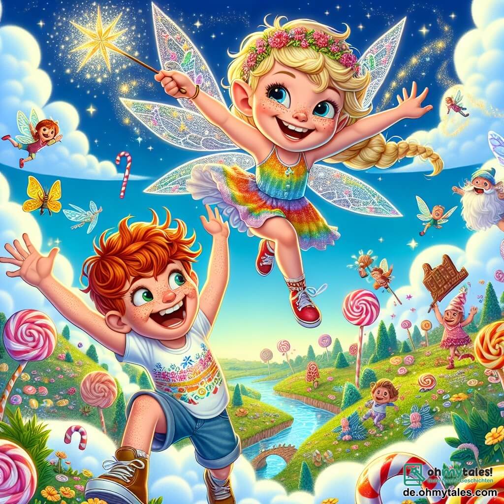 In der Mitte des Bildes fliegt eine kleine Fee namens Glimmerlich mit schimmernden Flügeln und goldenen Haaren fröhlich durch die Luft. Sie hat ein breites Lächeln im Gesicht, ihre Augen funkeln vor Schalk, und sie hält einen Zauberstab, der eine Spur von leuchtenden Sternen hinterlässt. Neben ihr springt Maximus, ein 8-jähriger Junge mit zerzausten roten Haaren und Sommersprossen, vor Freude auf einer Zuckermasse. Er trägt ein buntes T-Shirt und eine Jeansshorts und lacht laut mit erhobenen Armen zum Himmel. Die Szenerie ist eine märchenhafte Landschaft von Zimzalabim mit Zuckerstangenbäumen, Schokoladenflüssen und bunten Blumen, die im Wind tanzen. Der Himmel ist strahlend blau, gesprenkelt mit wolkenförmigen Süßigkeiten. Die Szene zeigt Glimmerlich und Maximus, die ihren Sieg beim großen Witzewettbewerb feiern, umgeben von lustigen Kreaturen wie lächelnden Drachen und tanzenden Kobolden, die alle gemeinsam in einer festlichen und fröhlichen Atmosphäre lachen.