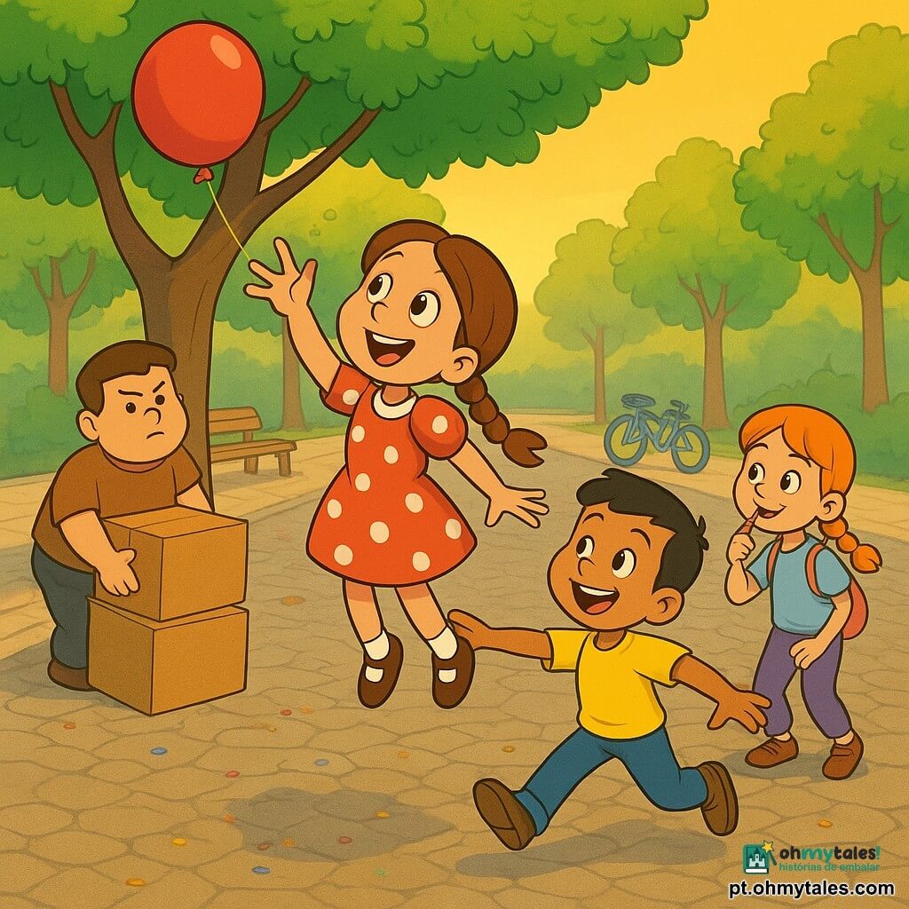 Clarinha, 8 anos, radiante com tranças castanhas e vestido de bolinhas vermelhas, estica os braços para alcançar uma corda de balão; Miguel, ~7 anos, saltando por baixo dela para apoiá‑la, camiseta amarela; Lili, ~7 anos, pequena e travessa, cabelo loiro curto, mochila e um grande lápis, desenha uma linha de giz no chão; Tomás, ~6 anos, robusto e sério, segura uma pilha de caixas para estabilizar; Rita, 8 anos, ruiva em trança, toca um apito e incentiva os amigos; cenário: avenida com amendoeiras, banco, fonte, bicicleta encostada e calçada de paralelepípedos ao entardecer; situação: crianças formam uma “escada humana” e empilham caixas para recuperar um balão vermelho preso nos ramos, clima alegre, cores quentes e contornos nítidos.