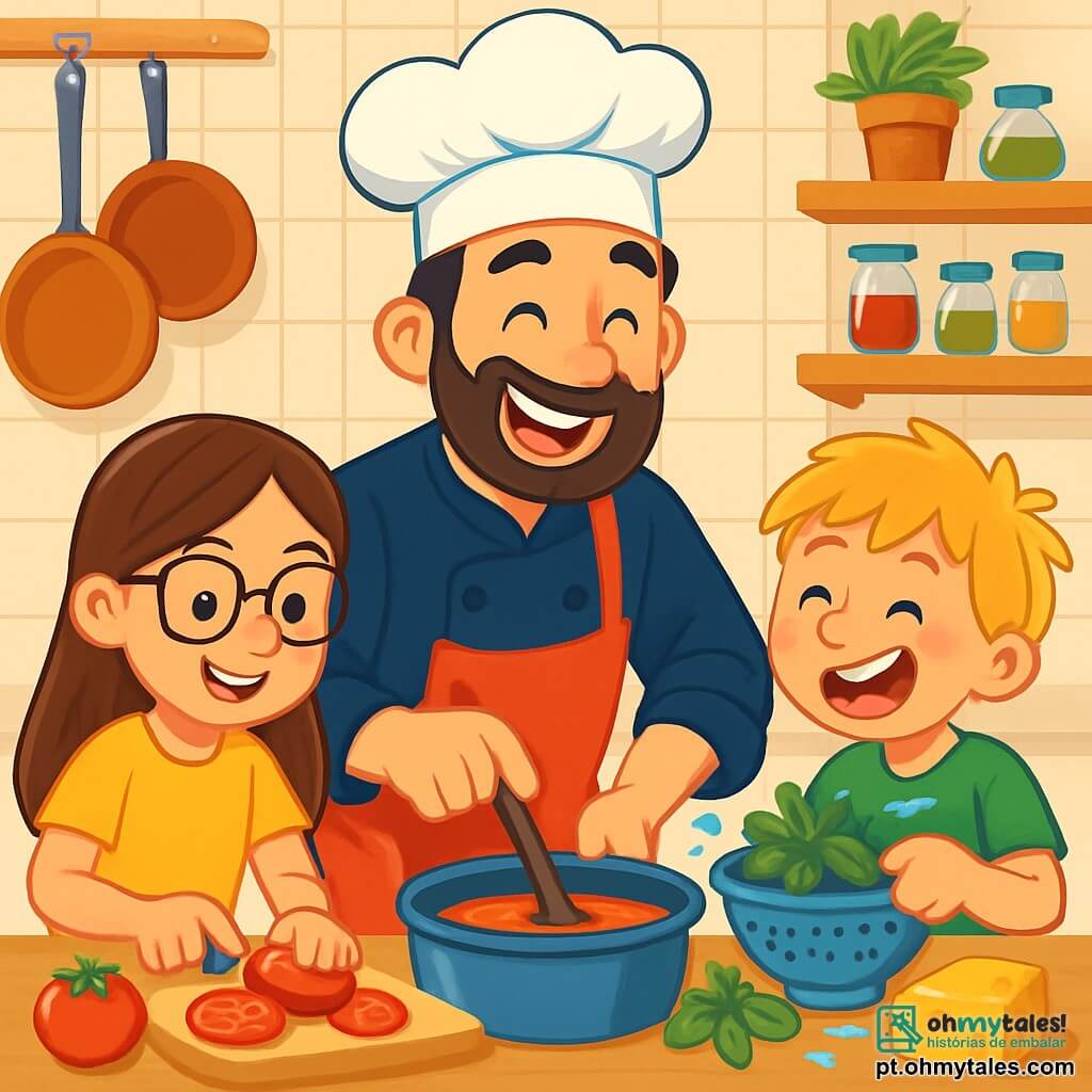 Um chef de cozinha, um homem de cerca de 40 anos, com uma barba bem cuidada e um chapéu de chef branco, sorri alegremente enquanto prepara um prato em uma cozinha iluminada. Ele usa uma jaqueta de cozinha preta e um avental colorido, com os olhos brilhando de paixão e excitação. Ao seu lado, uma menina de 10 anos, Ana, com longos cabelos castanhos e óculos, corta tomates com cuidado, suas bochechas rosadas de entusiasmo. Um menino de 9 anos, João, com cabelos loiros bagunçados, está lavando folhas de manjericão, rindo e espirrando um pouco de água. A cozinha é espaçosa, com paredes de azulejos brancos, prateleiras cheias de especiarias coloridas e panelas de cobre penduradas acima de uma grande bancada de madeira. Na mesa, ingredientes frescos como tomates vermelhos, folhas de manjericão verde vivo e pedaços de queijo dourado estão dispostos. A cena principal mostra o chef e as crianças preparando um prato especial, cercados por um aroma delicioso, criando uma atmosfera alegre e colaborativa.