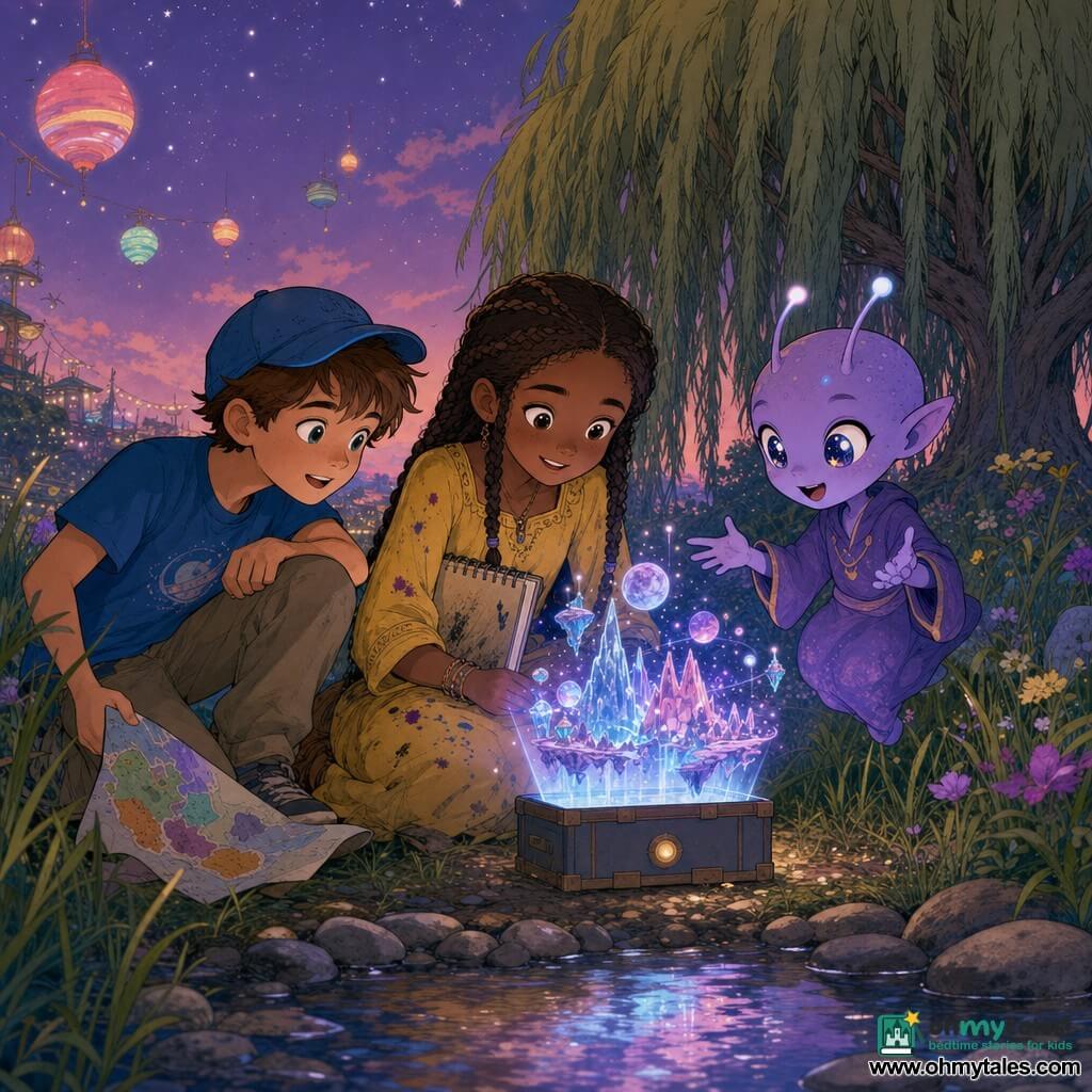 Three characters: Sage, about 10, braided brown hair, ink-stained yellow dress and a sketchbook, sits center leaning over an opened small box; Michael, about 10, short brown hair, blue cap, blue shirt and khaki pants, sits left, knee up, holding a colorful map and looking amazed; and Zog, a small non-binary alien child with smooth purple skin, large starry eyes and two glowing antennae, floating to Sage’s right with hands toward the hologram — at a creekside at twilight with tall grass, wildflowers, glittering stones and a willow in the background, a mauve sky with emerging stars and distant market lanterns; the open box projects a luminous hologram of floating crystal mountains, purple skies, tiny orbiting moons and suspended light particles, casting colored reflections on their faces and expressions of wonder.