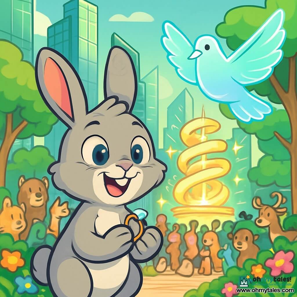 A young rabbit named Thistle, with large ears and soft gray fur, stands at the center of the scene, his eyes shining with excitement and a radiant smile on his face. He holds a small sparkling ring in his front paws, gazing at it in wonder. Beside him, a gentle holographic dove, with iridescent feathers and kind eyes, floats in the air, displaying a calm and reassuring expression as it guides the crowd. The setting is the main square of Verdantia, surrounded by emerald glass skyscrapers mixed with majestic trees with lush leaves, where colorful flowers line the winding paths. The scene is lively, filled with animals of all kinds gathered around a magnificent spiraling structure that shines brightly, representing an energy collector. Thistle, in awe, stands before this invention while the crowd, soothed by the dove, admires the spectacle with curiosity and enthusiasm.