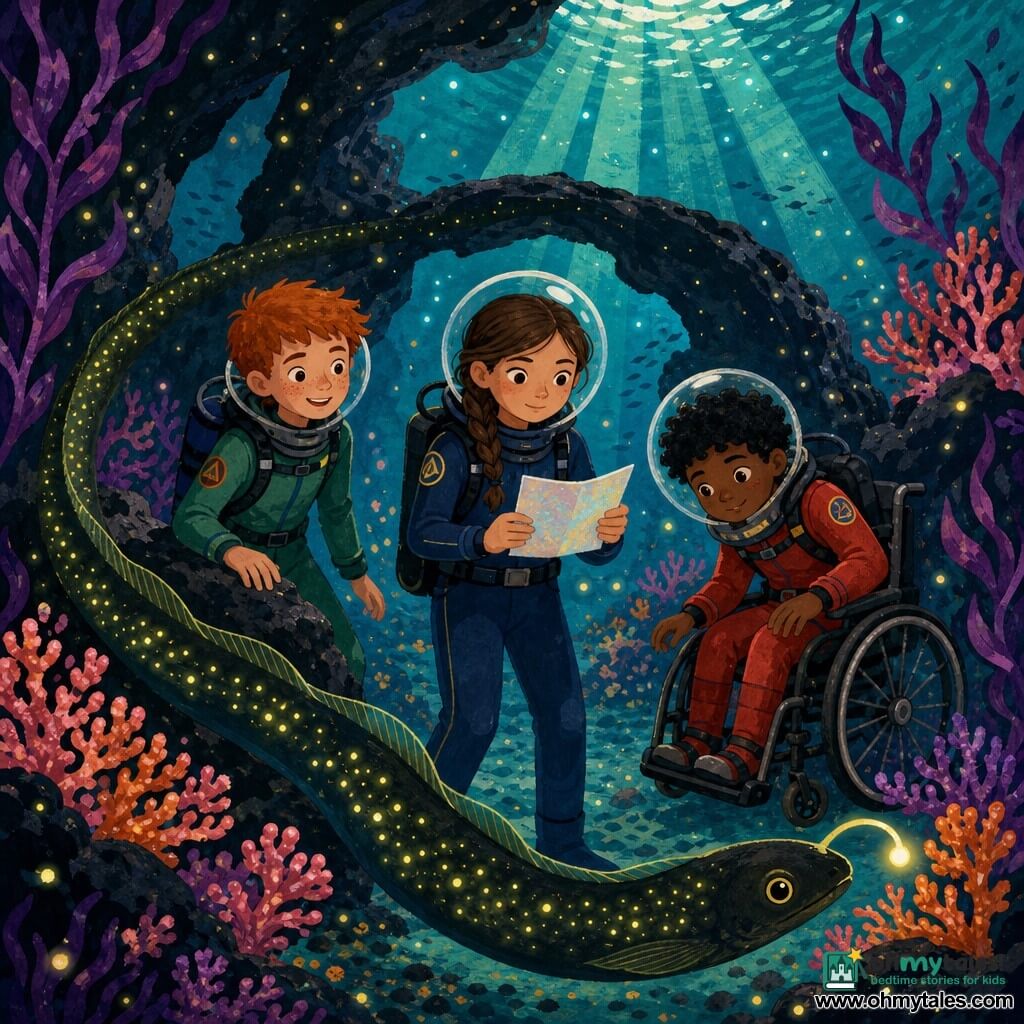 Three children — a 12-year-old girl with braided brown hair and a determined face in a navy wetsuit and clear helmet at the center, gently holding a small glowing card; a 12-year-old red-haired boy in a green wetsuit to her left, ready to swim with one hand on a dark rock; and a 12-year-old curly black-haired boy in a red wetsuit seated in an adapted wheelchair to her right, tipping his helmet to observe a luminous sea creature — in a protected underwater cove of curved black volcanic rock, dark turquoise water, purple seaweed, pink and orange swirling coral, floating light particles and sharp beams of sunlight; they exchange pearlescent nautical cards as a large black lantern-eel speckled with small gold-green lights moves slowly around them, the scene calm, attentive, magical and gentle.