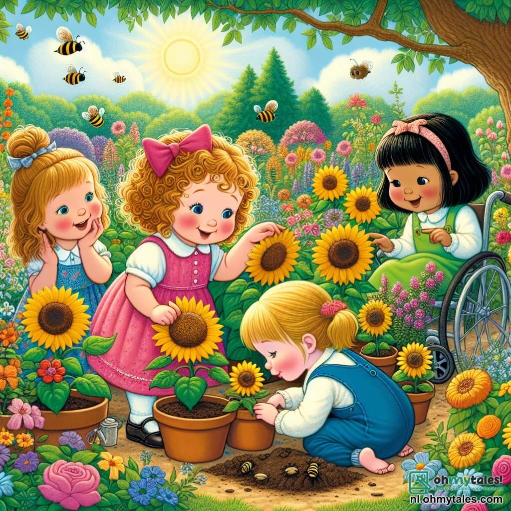 In een zonnige tuin zijn vier kleine meisjes bij elkaar. Anna, een vierjarig meisje met krullend blond haar en een roze jurk, glimlacht terwijl ze naar de bloemen kijkt. Naast haar staat Lotte, ook vier jaar oud, met bruin haar en een blauwe overall; ze wijst naar een grote gele bloem. Mia, een vierjarig meisje met kastanjebruin haar en een rolstoel, kijkt verwonderd naar de bijen. Tot slot hurkt Sara, een meisje met zwart haar en een groene jurk, om de aarde in de potten aan te raken. 

De tuin is gevuld met felle kleuren, met kleurrijke bloemen die bloeien onder een heldere blauwe lucht. Majestueuze bomen omringen de ruimte en vogels zingen vrolijk in de takken. 

De vier vriendinnen zijn bezig zonnebloemzaadjes in aardewerken potten te planten, vol ongeduld om te zien hoe hun bloemen groeien. De opwinding en vreugde zijn op hun gezichten te zien terwijl ze al dromen van de schoonheid van hun bloemcreaties.