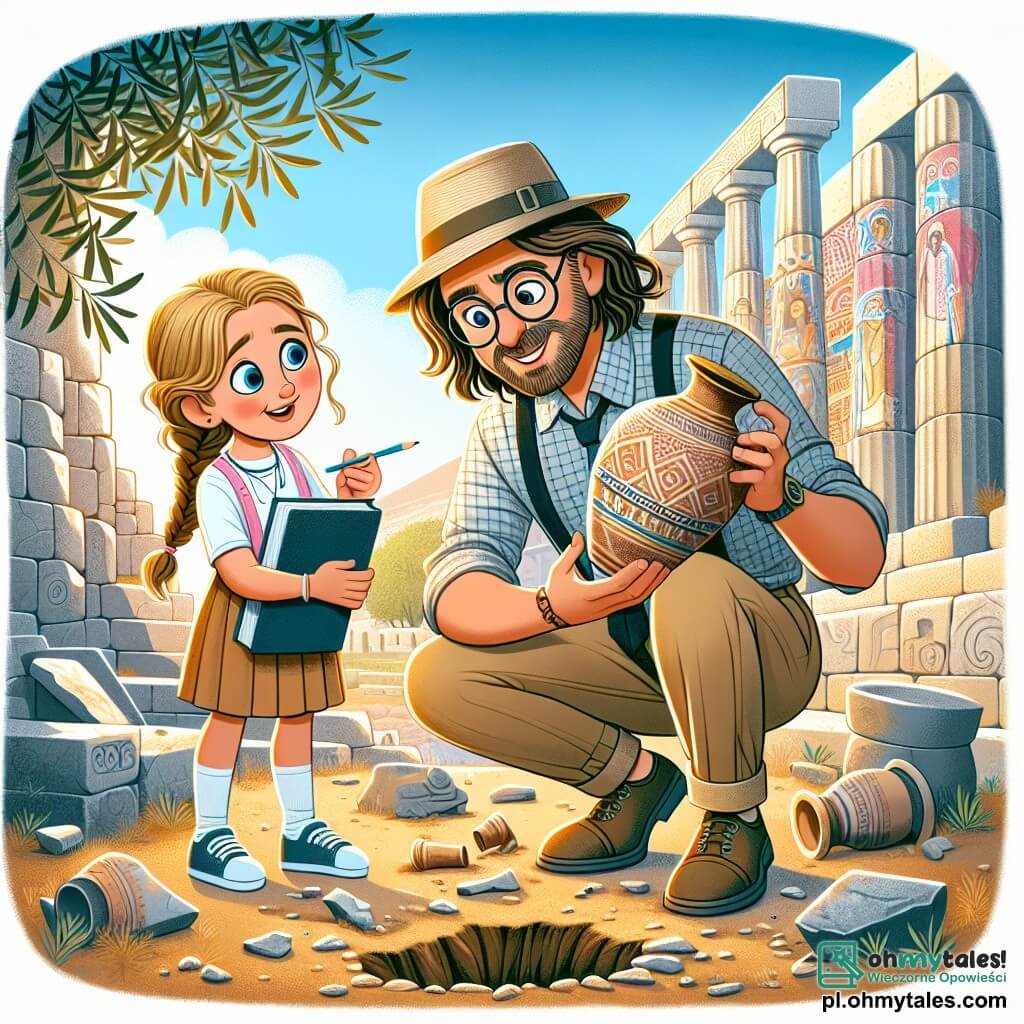 Mężczyzna, Adam, jest entuzjastycznym archeologiem w wieku około trzydziestu lat, z nieładnymi brązowymi włosami i okrągłymi okularami. Ma na sobie słomkowy kapelusz, koszulę w kratę i beżowe spodnie. Jego twarz wyraża ciekawość i zdumienie, gdy bada starą ceramikę zakopaną w ziemi. Obok niego stoi jego dziesięcioletnia siostra, Mia, z długimi warkoczami blond włosów. Trzyma notes i ołówek, gotowa do robienia notatek o odkryciach brata. Uśmiecha się, pełna ekscytacji, obserwując uważnie. Miejsce to starożytne stanowisko archeologiczne na Krecie, z ruinami szarych kamieni i kolorowymi freskami na ścianach. Zielone oliwki otaczają teren, a niebo jest jasnoniebieskie, oświetlone słońcem. Główna scena pokazuje Adama wydobywającego starożytny wazon, ziemia rozpryskuje się wokół niego, podczas gdy Mia robi notatki z szerokim uśmiechem. Atmosfera jest pełna magii i odkryć, z elementami kultury minojskiej widocznymi wokół nich.