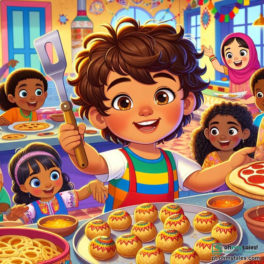 Um garoto de 8 anos, Miguel, com cabelos castanhos e olhos curiosos, sorri alegremente segurando uma espátula em uma mão e um prato de brigadeiros na outra. Ele usa uma camiseta colorida e um short, e está no centro de uma cozinha animada. À sua direita, Aisha, uma menina de 9 anos com cabelos negros e cacheados, vestida com um lindo traje tradicional paquistanês colorido, prepara samosas com uma expressão concentrada e entusiasmada. À sua esquerda, Luca, um garoto de 8 anos com cabelos loiros e olhos azuis, vestido com uma camiseta com a bandeira italiana, estica massa de pizza com um grande sorriso, pronto para compartilhar sua cultura. O local é um centro cultural vibrante, com paredes pintadas de cores vivas, decorações representando diferentes culturas e mesas cheias de ingredientes do mundo todo. Crianças de todas as idades e origens se reúnem ao redor, criando uma atmosfera alegre e acolhedora. A cena principal mostra Miguel, Aisha e Luca colaborando juntos para preparar uma refeição multicultural, trocando risos e histórias enquanto celebram a diversidade através da culinária.