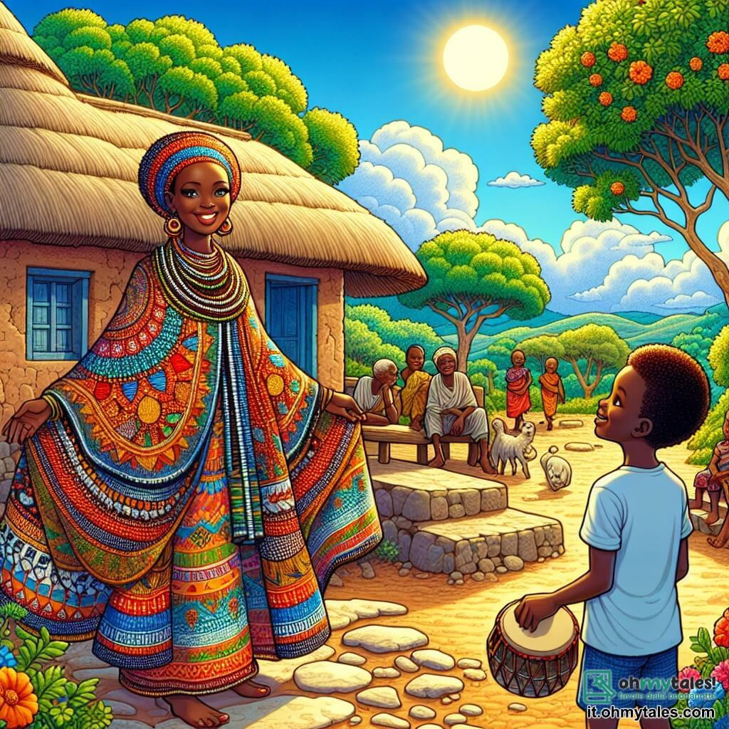 Amina, una donna africana di circa quarant'anni, si trova al centro della scena, con un ampio sorriso caloroso e occhi brillanti di saggezza. Indossa un magnifico cappotto colorato, decorato con motivi tradizionali, che fluttua dolcemente attorno a lei. I suoi bracci sono aperti, come per accogliere e riunire gli altri intorno a sé. Alla sua destra, un giovane ragazzo di circa 10 anni, di nome Kofi, con capelli crespi e occhi pieni di curiosità, guarda Amina con ammirazione. Indossa una semplice maglietta e pantaloni corti di tessuto leggero, e tiene un piccolo tamburo di legno, pronto a suonare una melodia gioiosa. Alla sua sinistra, una vecchia donna, Mama Zuri, di circa 70 anni, con profonde rughe che raccontano storie di saggezza, osserva la scena con uno sguardo benevolo. È vestita con un abito colorato e tiene un bastone di legno, simbolo della sua autorità e esperienza. La scena si svolge in un pittoresco villaggio africano, con case di terra battuta dai tetti di paglia, circondate da alberi verdi e fiori brillanti. Il cielo è di un blu intenso, punteggiato da nuvole bianche e soffici, e il sole brilla, illuminando la scena con una luce dorata. La situazione principale mostra Amina, Kofi e Mama Zuri riuniti per discutere della pace tra i villaggi vicini. Amina, con il suo carisma e saggezza, ispira gli altri ad ascoltare e comprendere, mentre Kofi batte gioiosamente il tamburo, aggiungendo un tocco di gioia a questo incontro importante.
