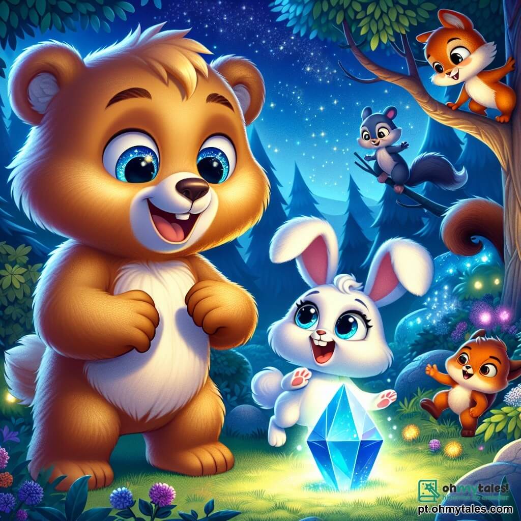 Um jovem urso chamado Theo, com pelagem dourada e grandes olhos brilhantes de excitação, está no centro da cena, olhando maravilhado para uma gema azul luminosa que brilha intensamente. Ele sorri amplamente, revelando sua curiosidade e entusiasmo pela aventura. Ao seu lado, uma coelhinha branca chamada Luna, com grandes orelhas e olhos brilhantes, salta de alegria, expressando sua felicidade e surpresa. Um esquilo travesso chamado Flash, com pelagem ruiva e cauda espessa, sobe em um galho próximo, observando a cena com um olhar curioso e um sorriso travesso. O cenário é uma clareira encantada, cercada por árvores com folhas luminosas e flores coloridas que brilham sob a luz da gema. O céu é de um azul profundo, salpicado de estrelas brilhantes, criando uma atmosfera mágica. A situação principal mostra Theo, Luna e Flash descobrindo a misteriosa gema azul, enquanto um pequeno extraterrestre chamado Zeno aparece, flutuando alegremente acima da gema, pronto para compartilhar sua mensagem de amizade e aventura.