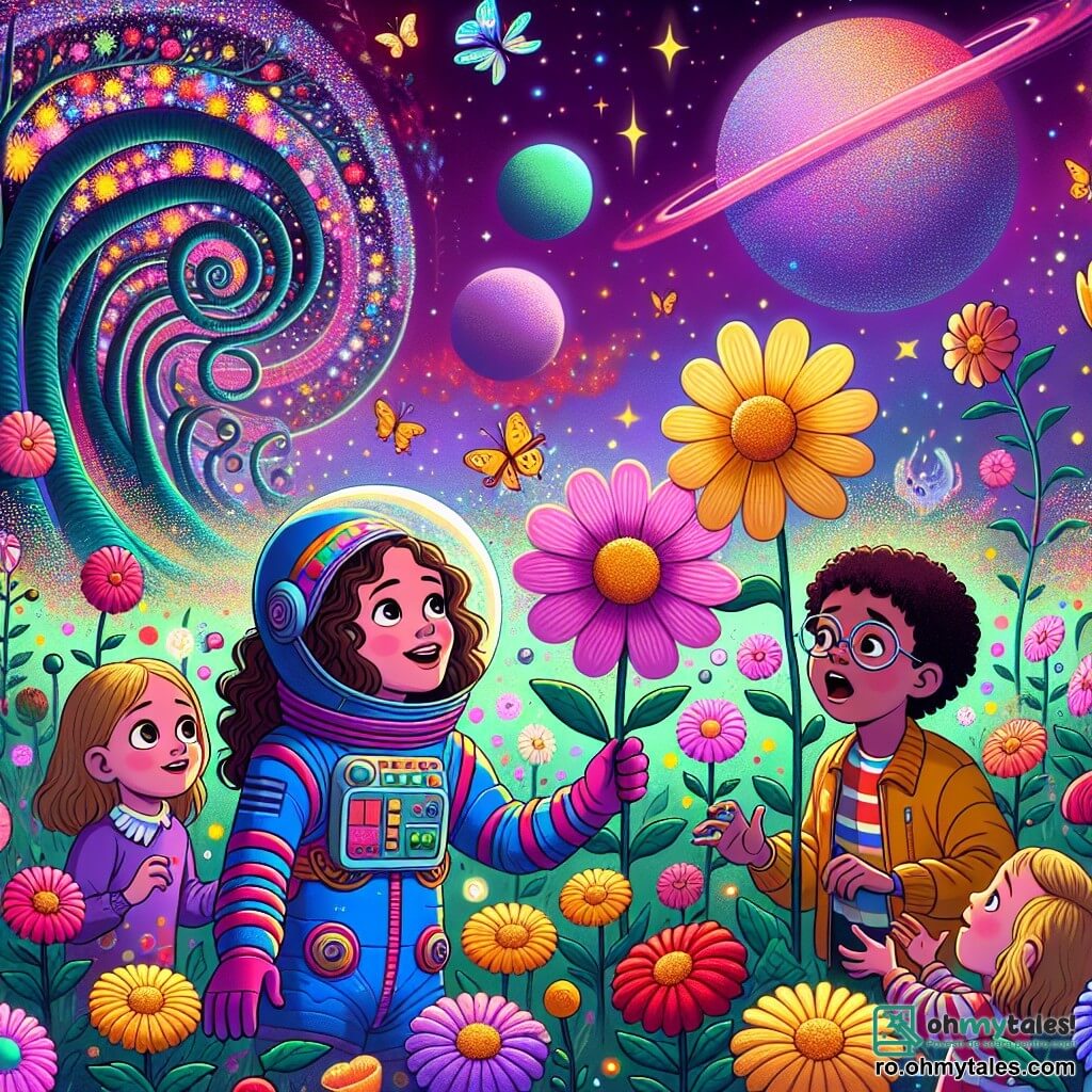 Ana, o tânără cu păr castaniu și creț, poartă o combinezon colorat, zâmbind larg în timp ce privește uimită o planetă strălucitoare plină de flori multicolore. Lângă ea, un băiat de 10 ani, cu ochelari și păr blond, ține un mic robot care dansează vesel, iar o fetiță de 8 ani, cu părul drept și negru, se entuziasmează în fața unei flori vorbitoare, cu ochii mari de surpriză. Decorul este o planetă fantastică, cu copaci uriași cu trunchiuri în spirală și flori luminoase care plutesc în aer, sub un cer violet presărat cu stele strălucitoare. Situația principală îi arată pe Ana și prietenii ei jucându-se cu floarea vorbitoare, râzând și distrându-se, în timp ce o furtună se pregătește în depărtare, cu nori întunecați care încep să se formeze.