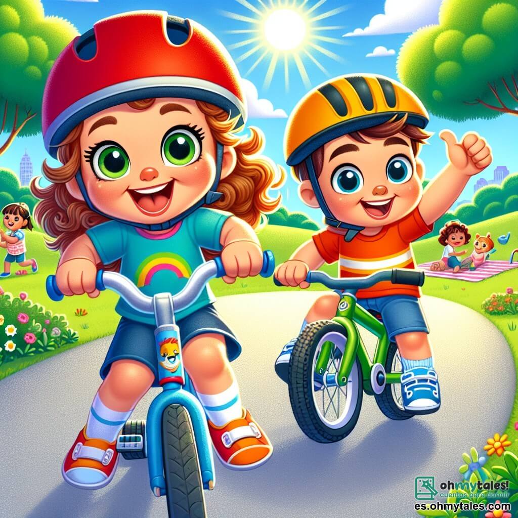 Una niña de 4 años, Luna, con grandes ojos brillantes y cabello rizado, lleva un casco rojo y una camiseta colorida. Sonríe alegremente mientras pedalea en su bicicleta azul, con una mano en el manillar y la otra levantando el pulgar en señal de victoria. A su lado, un niño de 5 años, Marcos, con cabello corto y un casco amarillo, monta su bicicleta verde. Tiene una gran sonrisa y parece animar a Luna mientras pedalea junto a ella. El escenario es un parque soleado, con árboles verdes, flores coloridas y un camino de grava que serpentea por la hierba. Al fondo, se ven niños jugando y familias haciendo picnic sobre mantas. La escena principal muestra a Luna y Marcos en una carrera amistosa, acercándose el uno al otro, con el viento en el cabello, llenos de energía y alegría.