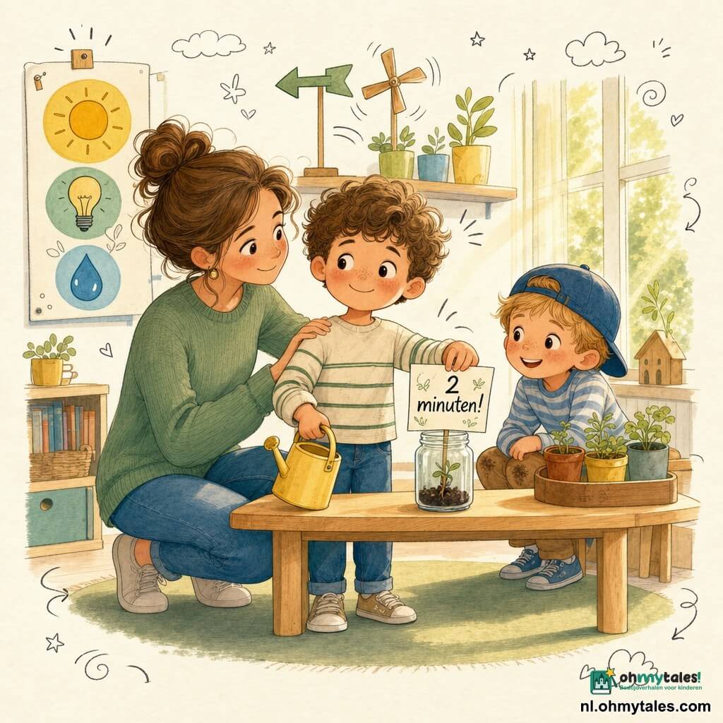Een 6-jarige jongen met krullend bruin haar, ronde wangen en een verlegen maar trotse glimlach houdt een geel gieter vast en legt een kaartje met “2 minutes!” in een glazen pot op een lage tafel; naast hem hurkt een circa 30-jarige juf met kastanjebruin haar in een knot en een zachtgroen trui, hand op zijn schouder, vriendelijk kijkend; een klasgenoot van ongeveer 5 jaar met een blauwe pet en moddervlekken op de knieën kijkt lachend vanachter de tafel klaar om te helpen; de scène speelt zich af in een zonnig “energie”-hoekje van de kleuterklas met lichte houten tafel, kleurrijk poster met zon, lamp en waterdruppel, een draaiend houten windwijzer, een rij plantenpotjes en een groot raam dat gouden licht binnenlaat; centraal moment: warm concreet moment waarin het kind zijn geschreven belofte bij een pot plaatst met gieter in de hand, omringd door planten en getekende druppels en lampjes, zachte pastelkleuren en papierachtige texturen, compositie gefocust op gezichten en handen.