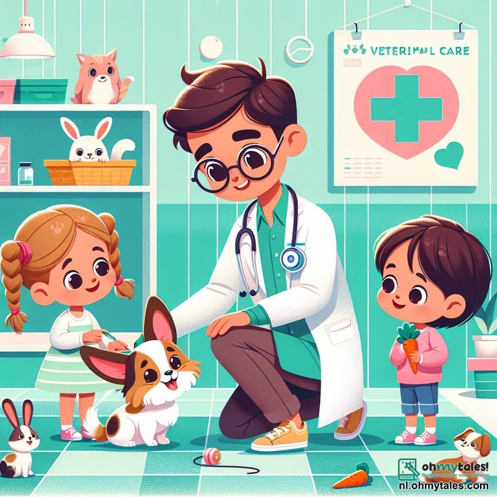 Een glimlachende en enthousiaste mannelijke dierenarts, Daan, draagt een witte labjas en een stethoscoop om zijn nek. Hij heeft bruin haar en ronde bril, en hij zit op de grond terwijl hij een kleine hond met grote oren aait, die vrolijk lijkt en met zijn staart kwispelt. Naast hem houdt een 8-jarig meisje, Noor, met gevlochten blond haar een borstel vast en borstelt zachtjes een spinnende gestreepte kat. Een 7-jarige jongen, Sam, met kastanjebruin haar, kijkt verwonderd naar een klein wit konijn terwijl hij een wortel in zijn hand houdt. De scène speelt zich af in een lichte en uitnodigende dierenkliniek, met pastelgroene muren en posters over dierenverzorging. Dieren speelgoed ligt verspreid over de vloer en een groot raam laat zonlicht binnen. Daan legt de kinderen uit hoe ze voor dieren moeten zorgen, terwijl de hond, kat en konijn gelukkig en ontspannen lijken, wat een vrolijke en warme sfeer creëert.