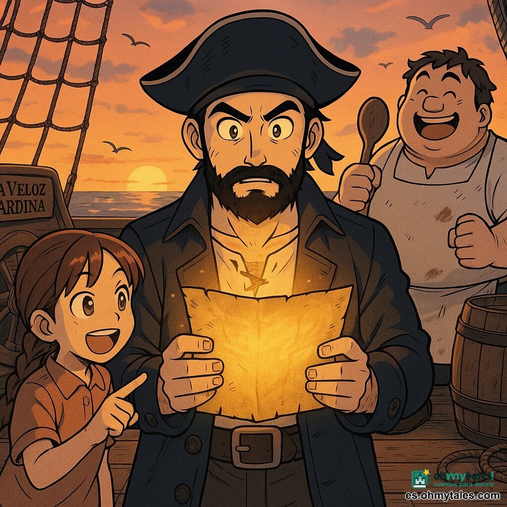 Hombre adulto: el capitán Bruno Barcaza, barba oscura y ojos vivos, expresión seria y curiosa, sostiene un viejo pergamino que vibra con una pequeña luz dorada; viste chaqueta de marinero azul oscuro y sombrero gastado, de pie en el centro de la cubierta. Niña (~12): Lila la grumete, trenza castaña, rostro redondo y sonriente, señala el pergamino con entusiasmo a la izquierda del capitán junto a la barandilla. Hombre adulto (~40): Timo el cocinero, corpulento y jovial, con delantal manchado, blandiendo una cuchara de madera como espada y riendo a la derecha del capitán junto a un barril. Lugar: cubierta de madera del pequeño barco pirata "La Veloz Sardina", tablas gastadas, cabos enredados, timón atrás, mar en calma y horizonte al atardecer con algunas gaviotas. Situación: momento mágico en que el pergamino canta y vibra, mezcla de asombro y diversión, composición centrada en el capitán y el pergamino, colores cálidos (naranja, azul marino, madera) y estilo manga, atmósfera infantil y aventurera.
